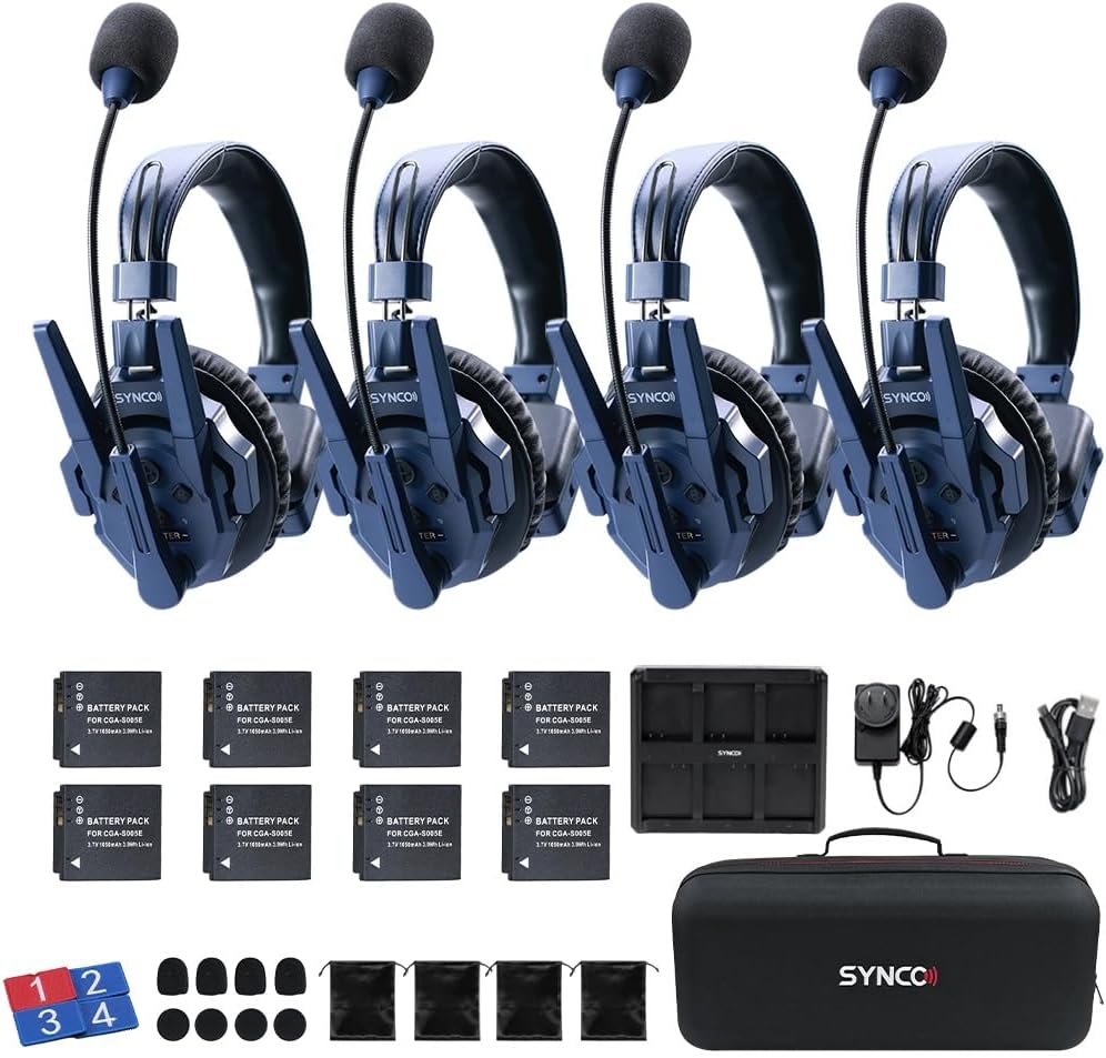 SYNCO Xtalk Master4 Wireless Intercom Headset System Communication Headsets for 4 Person, 500m Range 1640ft 2.4GHz ENC Noise Cancellation USB-C UAC Connectivity 15H Battery (XM4/4 PCS)