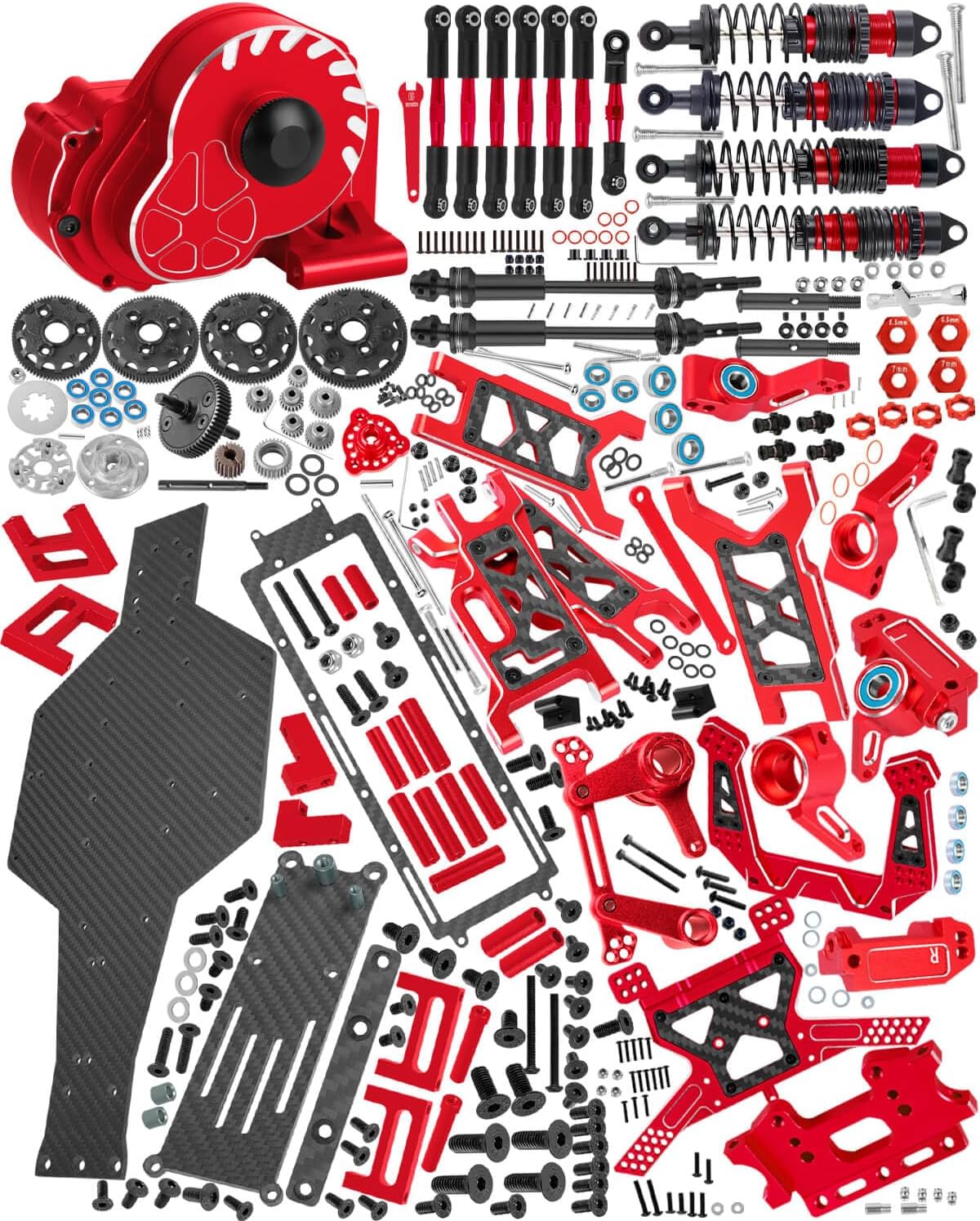 Upgrades Parts for 1/10 Slash 2WD LCG,Carbon Skid Plate&Aluminum RC Shocks&Drive Shaft CVD&A Arms&Steering Block&272R Gearbox&Adjustable Links&Shock Tower&Front Bulkhead,Red