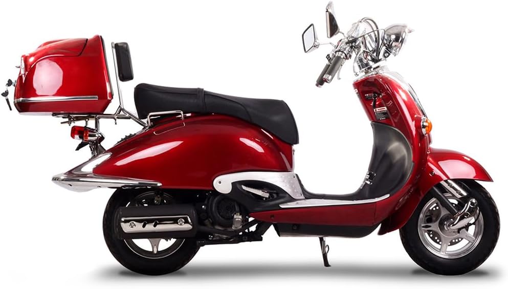 Classic Retro Scooter, Vintage Style 150cc Motor Scooter in Candy Red with Chrome Accents, Rear Storage Box
