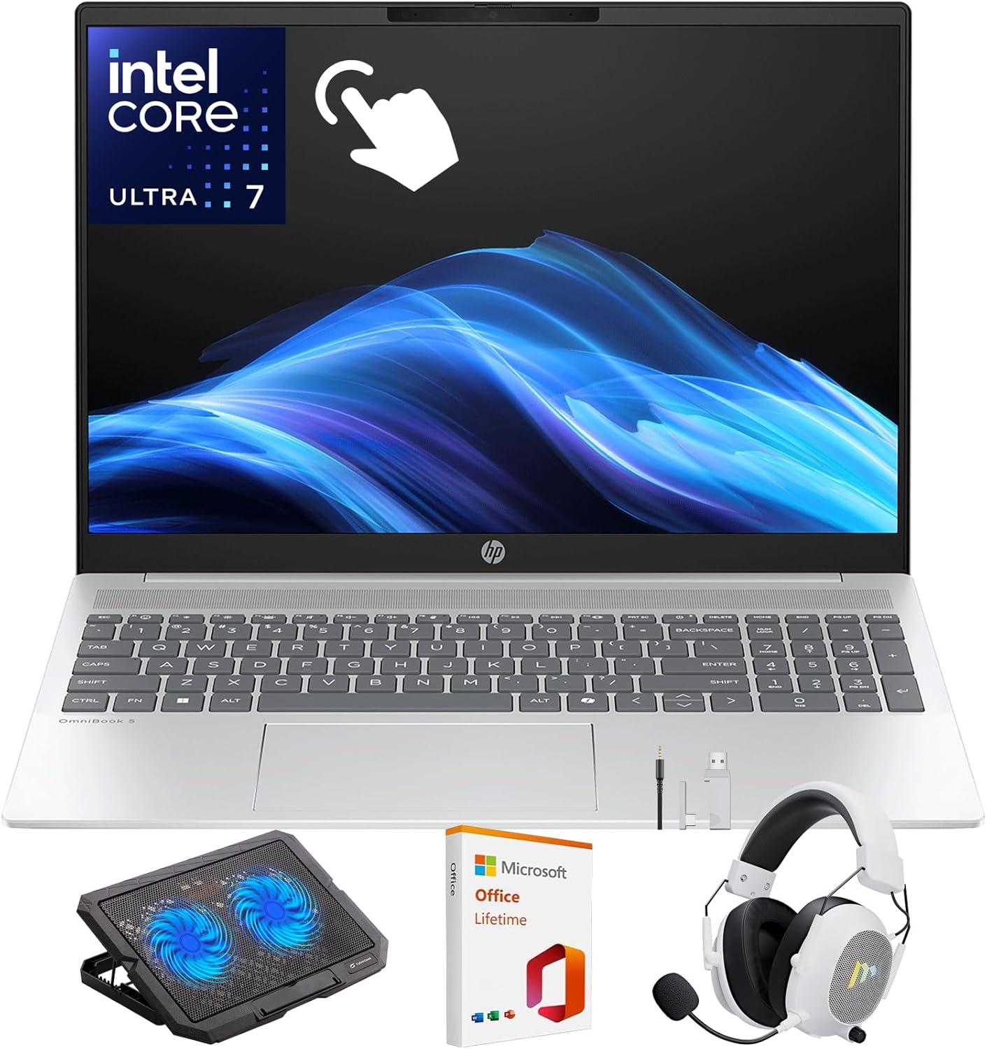 HP OmniBook 5 16 inch Next Gen AI PC Laptop, 2K IPS Touchscreen Display, Intel Core Ultra 7 255U, 16GB RAM, 512GB SSD, Windows 11 Home, WiFi 6E, Glacier Silver, w/Mytrix Accessory Lifetime Office