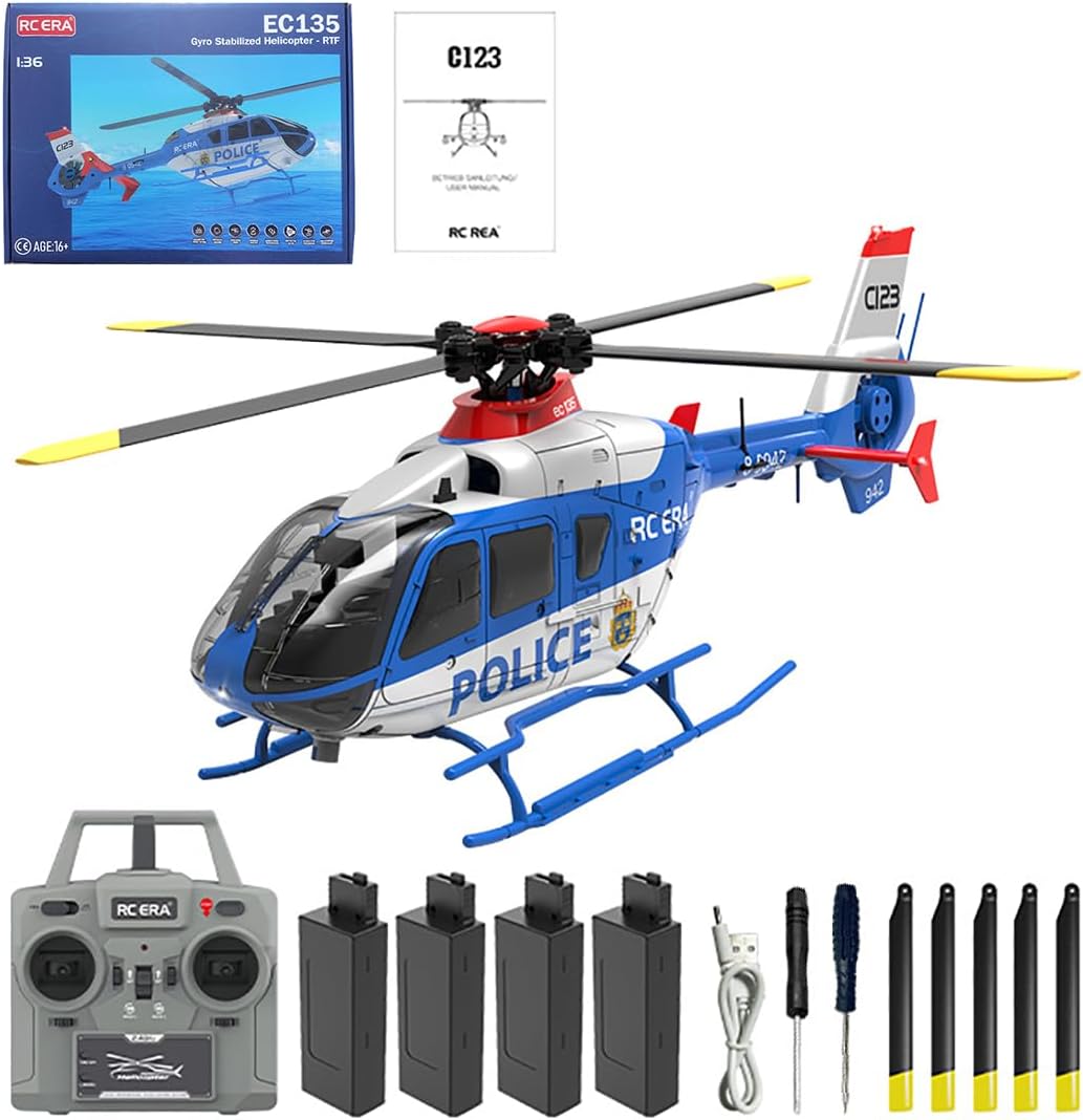 C123 EC135 RC Helicopter for Adults, 1/36 2.4G 6CH Single-Rotor Gyroscopic Flying Aircraft Model with 3D Flip, Inverted Flight, Altitude Hold, One Key Take Off/Landing（Blue White