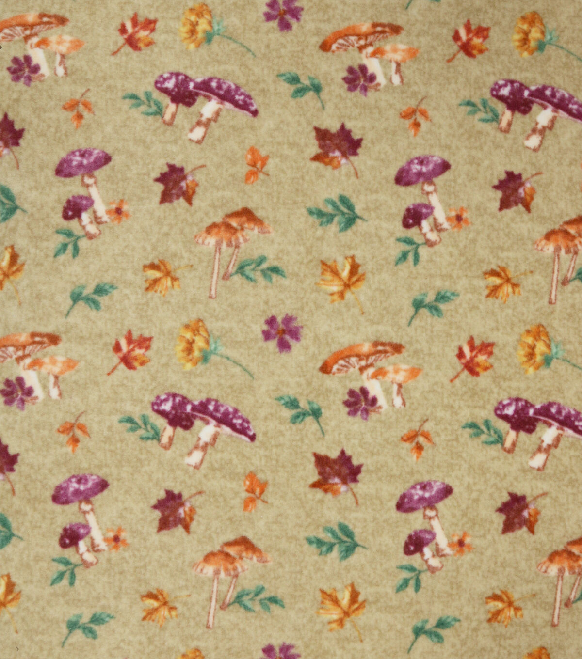 Mushrooms & Leaves On Brown Luxe Fleece Fabric