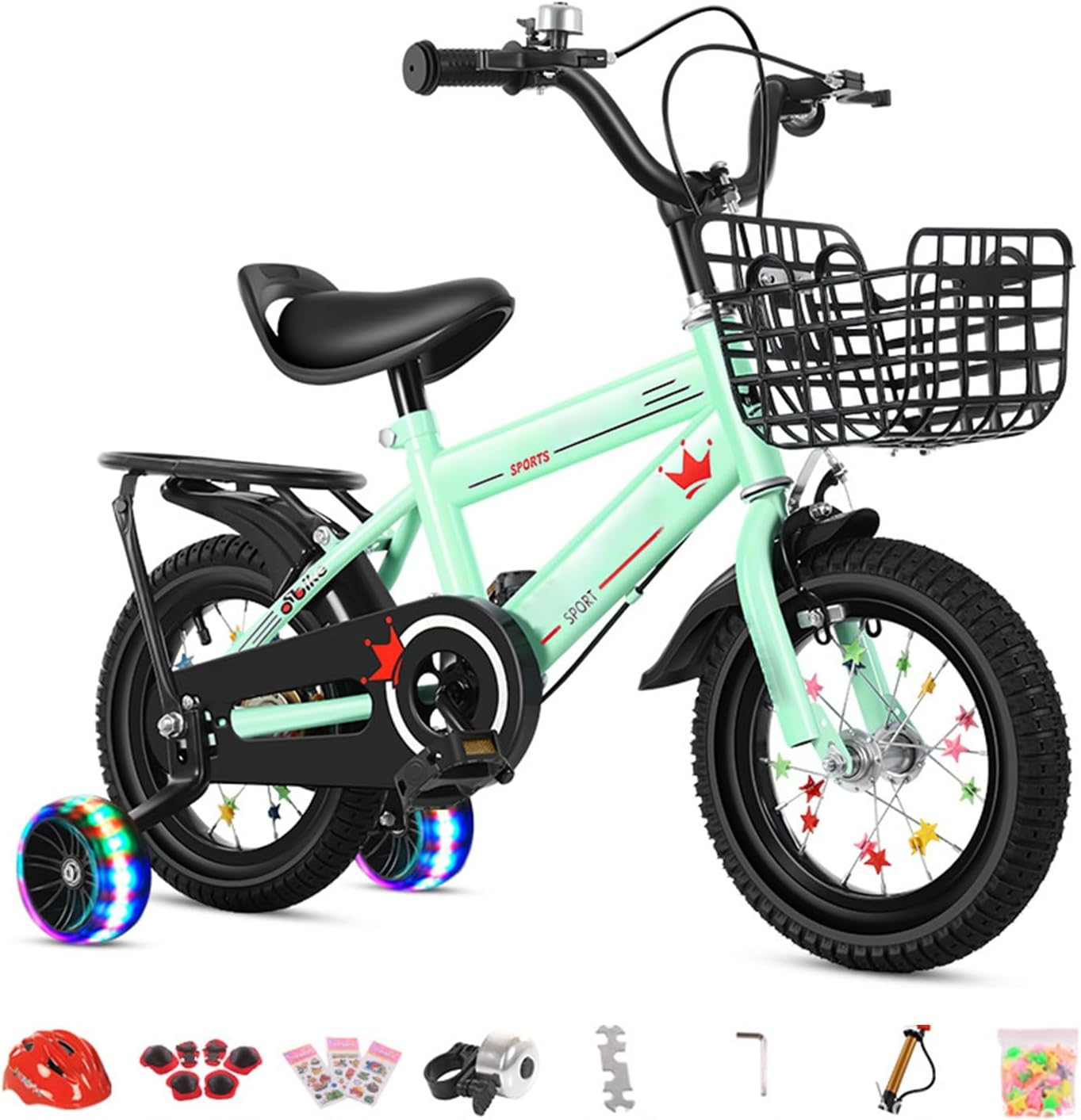 Glenmi Kids Bike for 2 to 9 Years,Unisex Kids Bike Cycle with Removable Stabilisers, Basket and strong rear Rack for both Boys & Girls(Green,130cm)