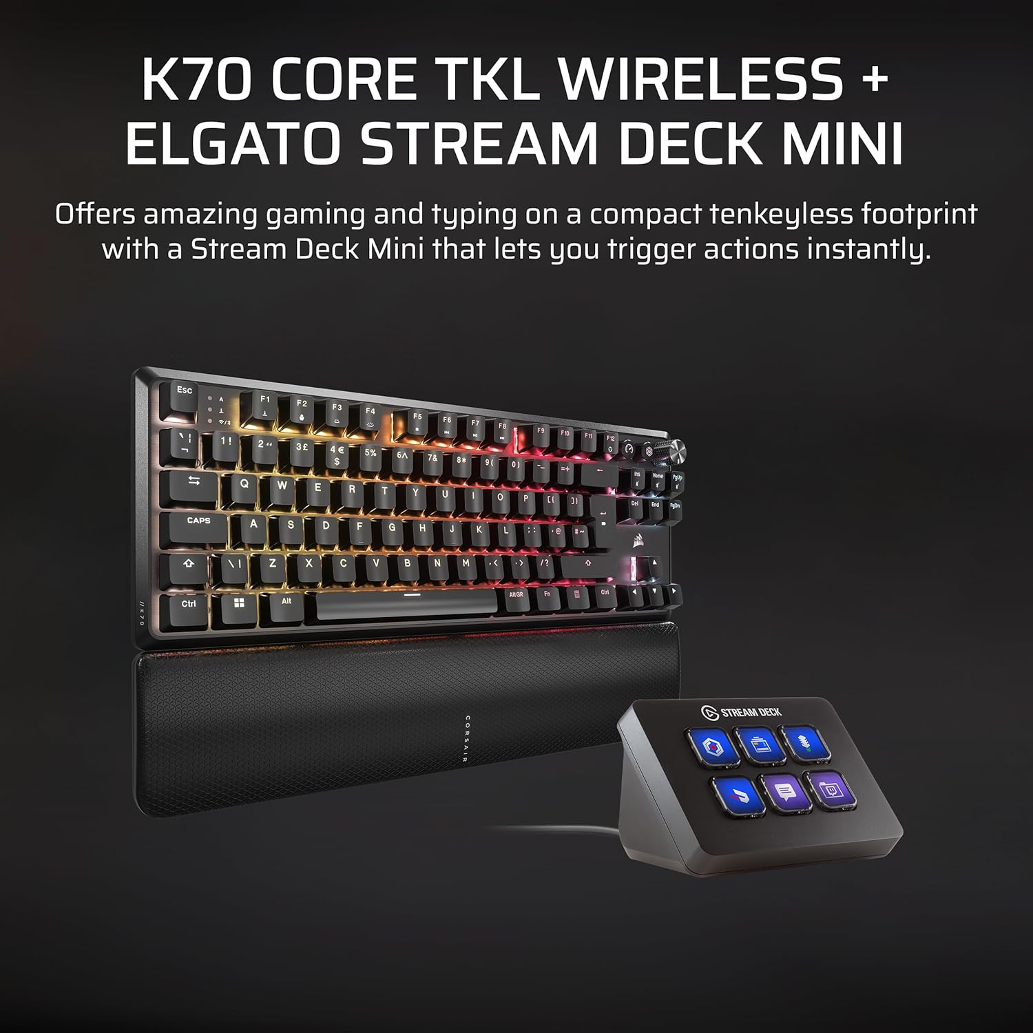 Corsair K70 CORE TKL Wireless + Elgato Stream Deck Mini Bundle - Mechanical Tenkeyless Gaming Keyboard with Studio Controller for Zoom, Teams, PowerPoint, MS Office etc, Compatible with PC/Mac