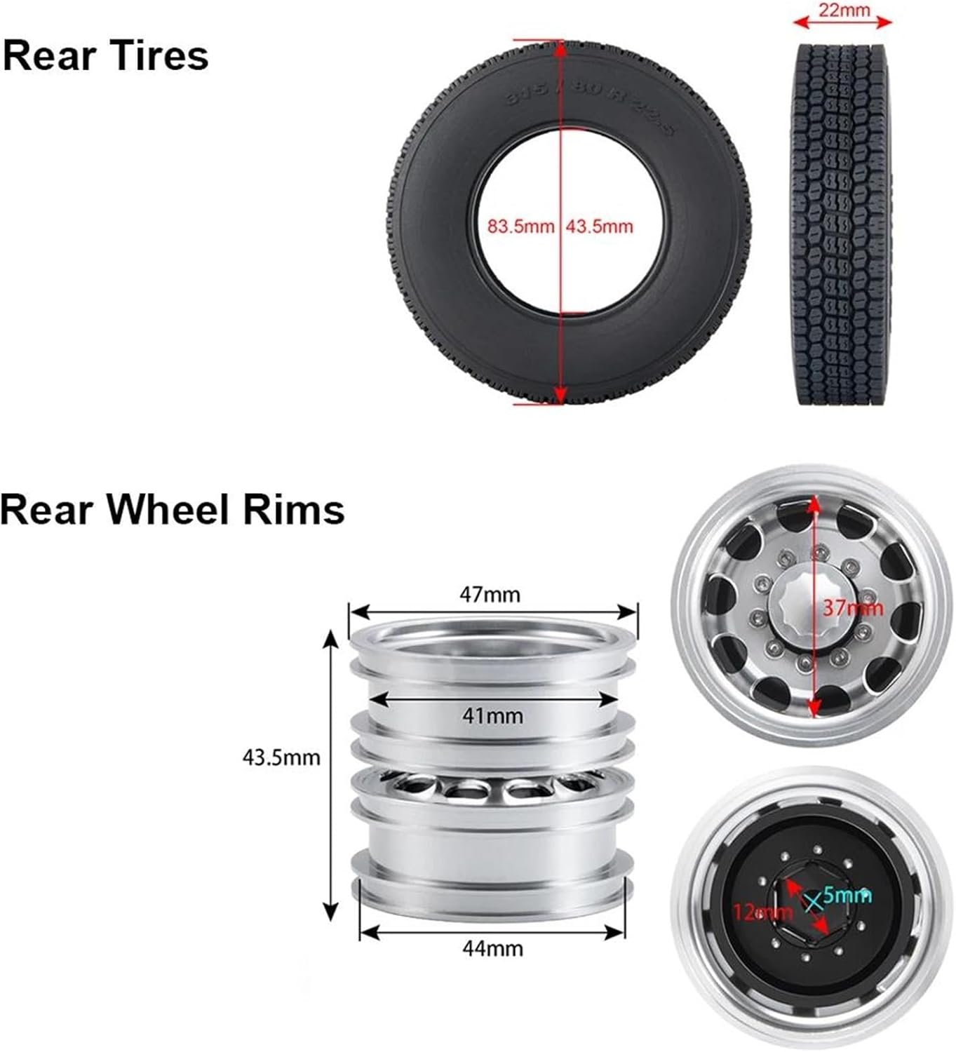 Rc Car Parts for Tamiya 1/14 Front Rear Rubber Tires Aluminum Wheel Rims RC Trailer Tractor Truck Car Upgrade Parts Modification Car Accessories(1 Set 6x6)