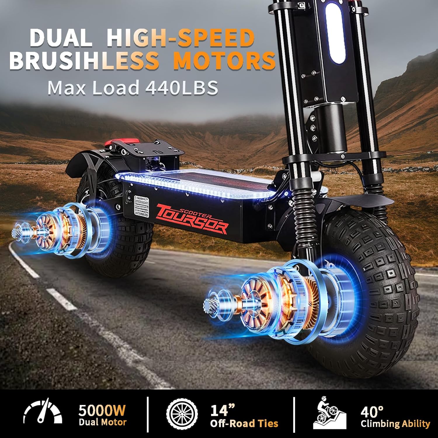 Electric Scooter for Adults, X14-72V Foldable Scooter with Seat, 10KW Motor, 40AH Battery Capacity, 65 Mph Max Speed, 75 Mile Max Range, Dual Charging Port, LCD Instrument, 14'' Off-Road Tires