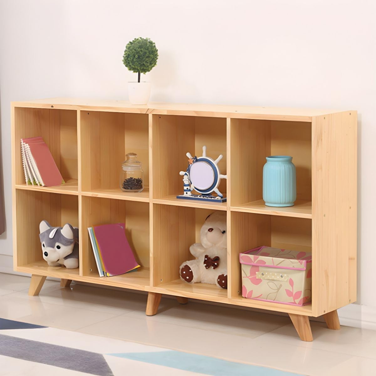 CraftThink Bookcase, Natural Pine Wood Cube Storage Organizer, Wooden Closed Back Bookcase Standard Natural Bookshelf with Shelves - 55.5