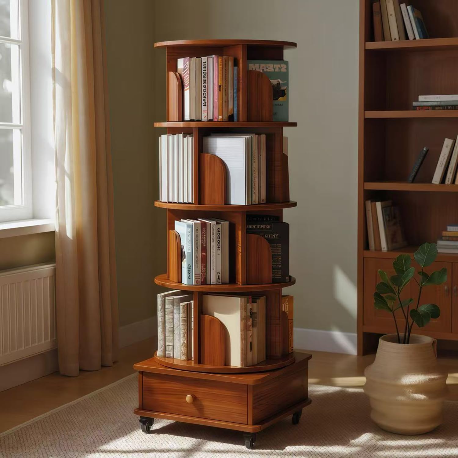 QUAOPEFURN Elegant Walnut Rotating Bookshelf with Drawer - 360° Display, 5 Tier Corner Bookcase for Space Optimization, Stylish Floor Standing MDF Storage Rack for Any Room