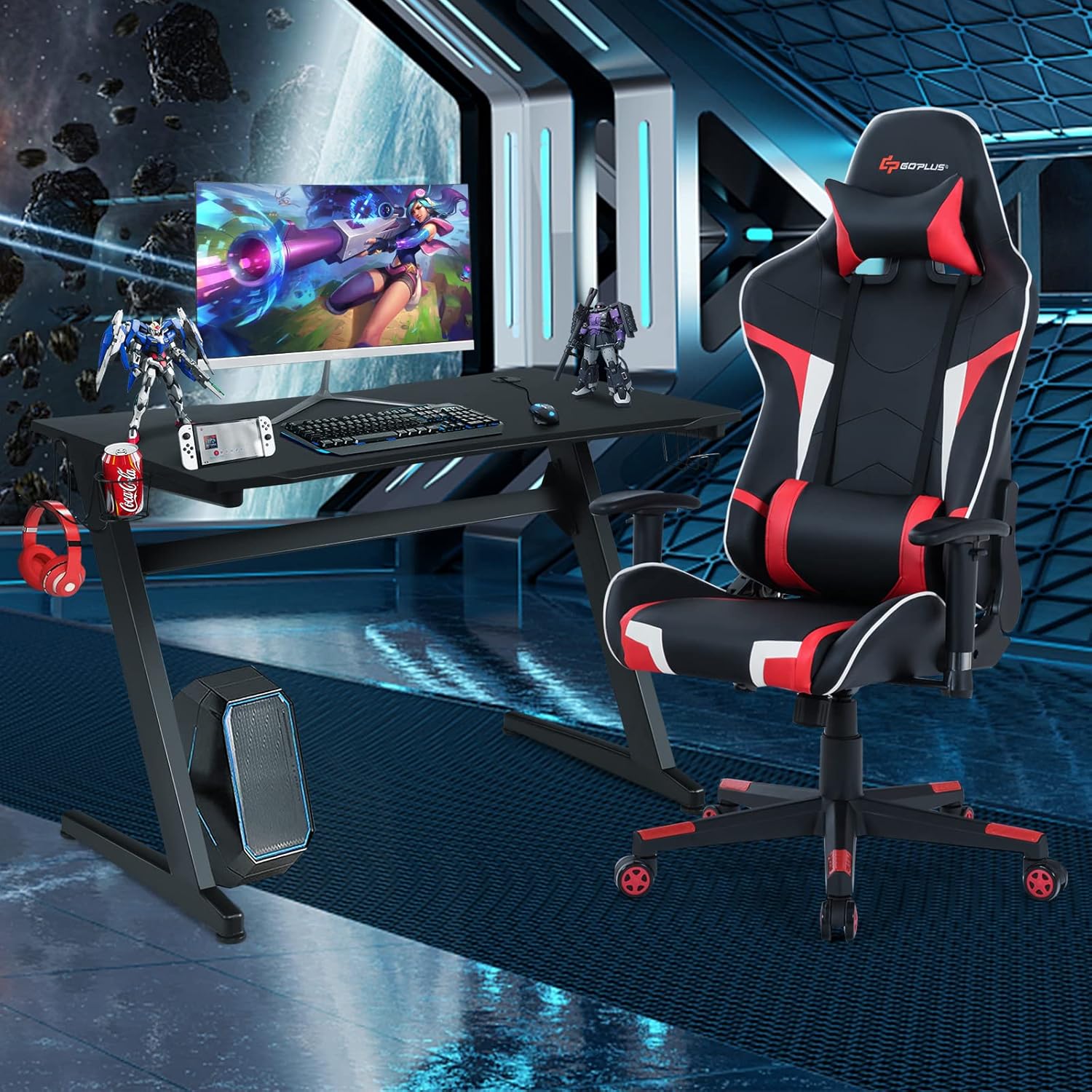Goplus Gaming Desk & Chair Combo Set, Racing Style Home Office Chair & Desk w/Cup Holder, Headphone Hook & Mouse Pad,Ergonomic E-Sport Computer Desk Chair Furniture w/Massage Lumbar Support(Red)