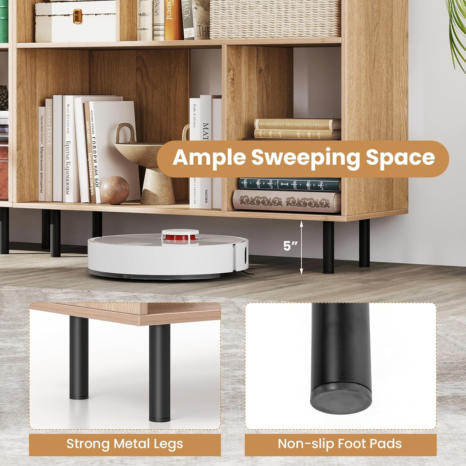 Tangkula 4 Cubby Open Bookcase, 3-Tier Freestanding Bookshelf with Detachable Metal Legs, Anti-toppling Device, Anti-Falling Baffles, Modern Cubicle Display Shelf (2,Natural)