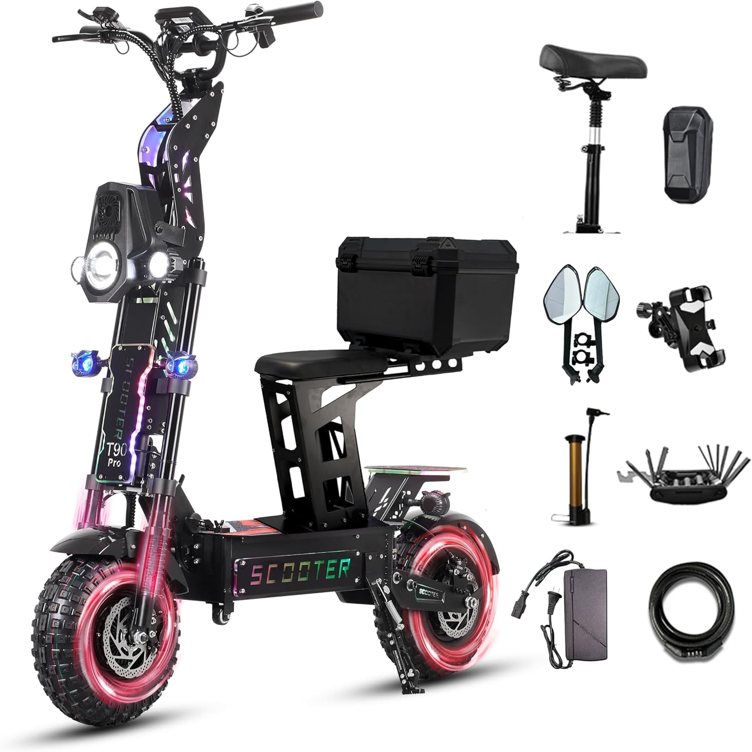 T90 Pro Electric Scooter Adults 10000W Dual Motor, 72V Removable Battery, 14” All Terrain Fat Tires, 65 Miles Range 68 MPH, Foldable Scooter