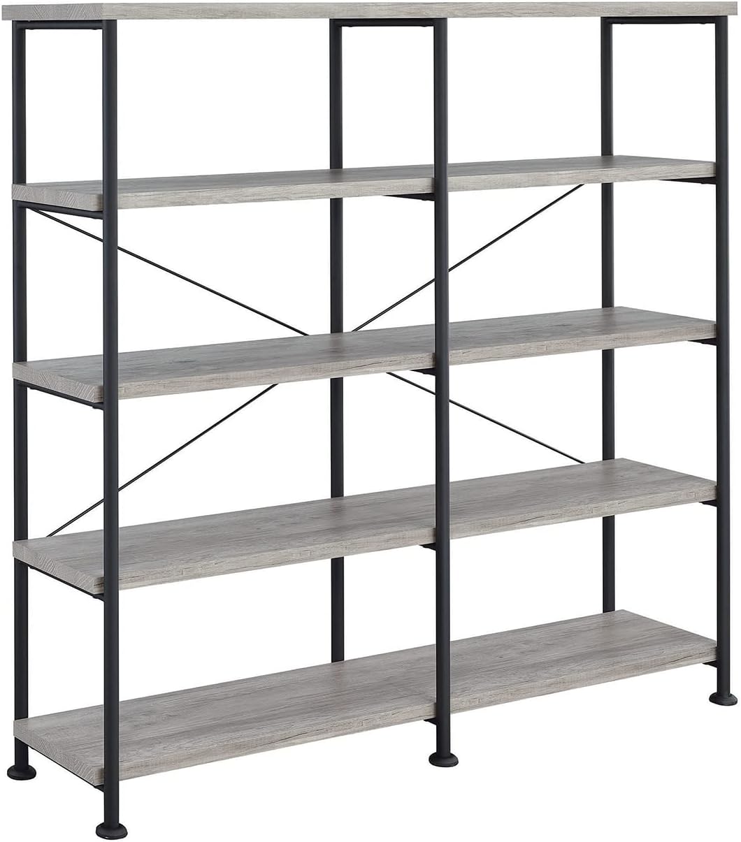 Jenvor 4-Shelf Open Bookcase Grey Driftwood with Black Metal Frame Double Wide Shelving Mid-Century Modern Display and Storage Open Design for Living Room Home Office Room Divider