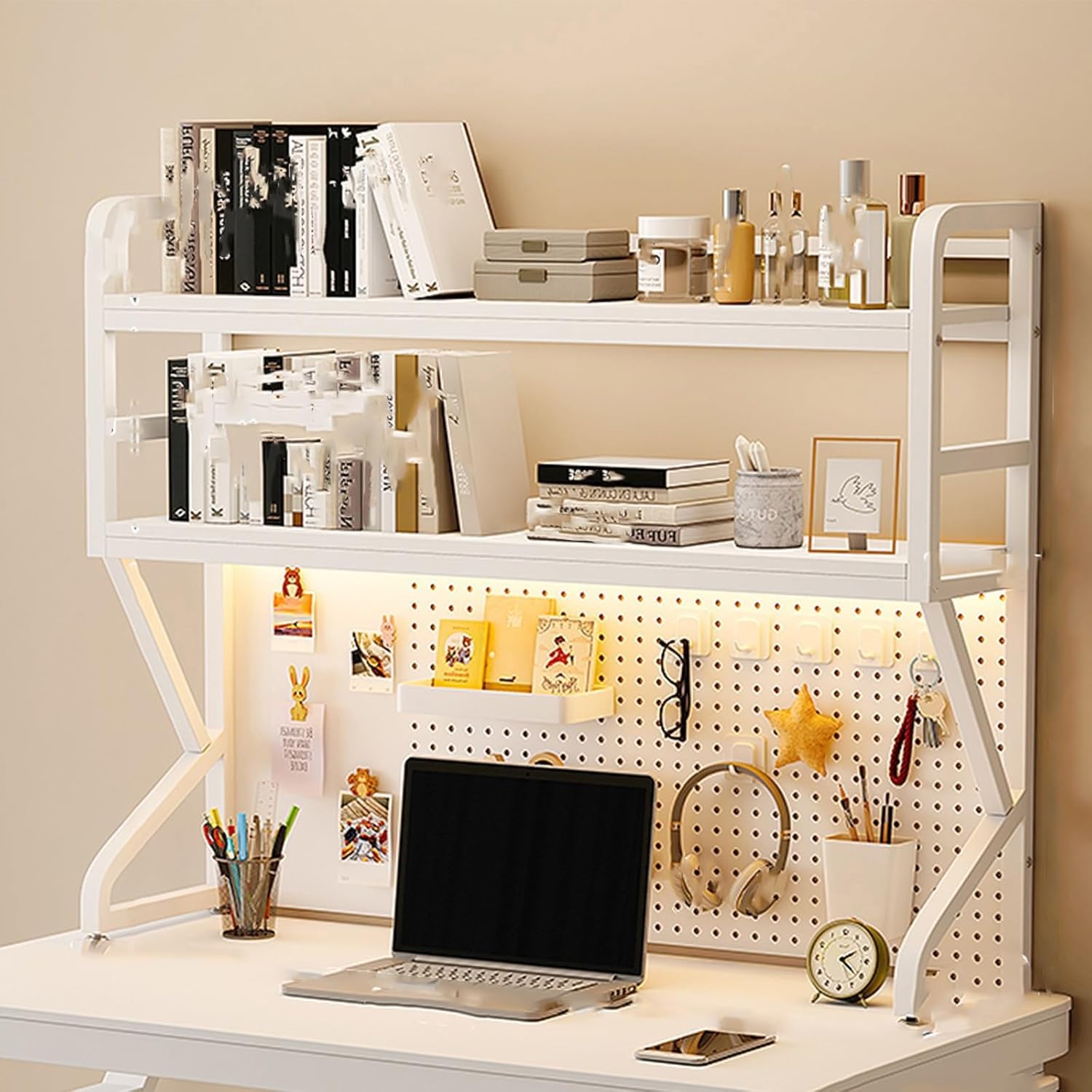 Metal Desk Hutch Dorm, Desktop Bookshelf for Desktop, Student Pegboard Bookcase, Multipurpose Bookshelfs Storage Rack, Dormitory Desk (White Double Laye, 130cm/51.1in)