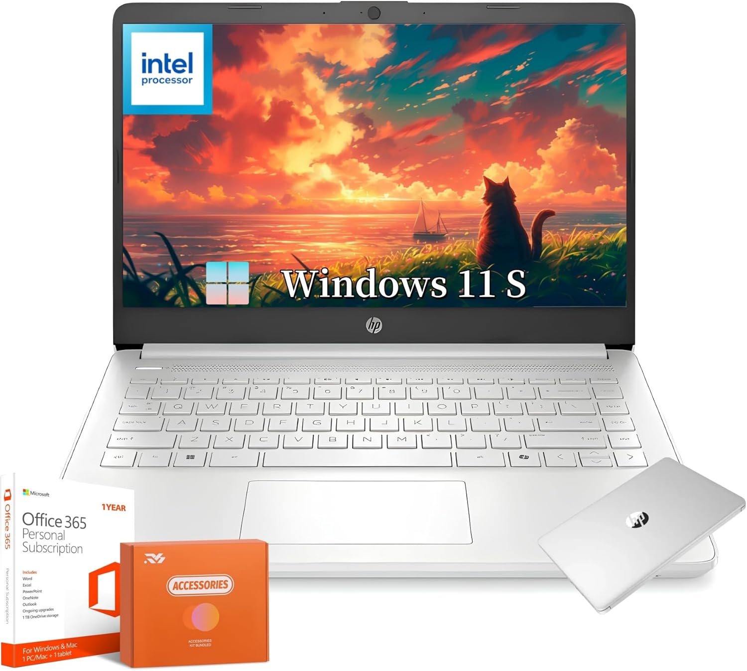 HP 14 inch Laptops, Intel Celeron N150, 16GB RAM, 384GB Storage(128GB UFS+256GB Micro SD), with 1-Year Office 365 & Windows 11 S, Long Battery Life, Wi-Fi, MicroSD, HDMI, Silver, w/Accessories