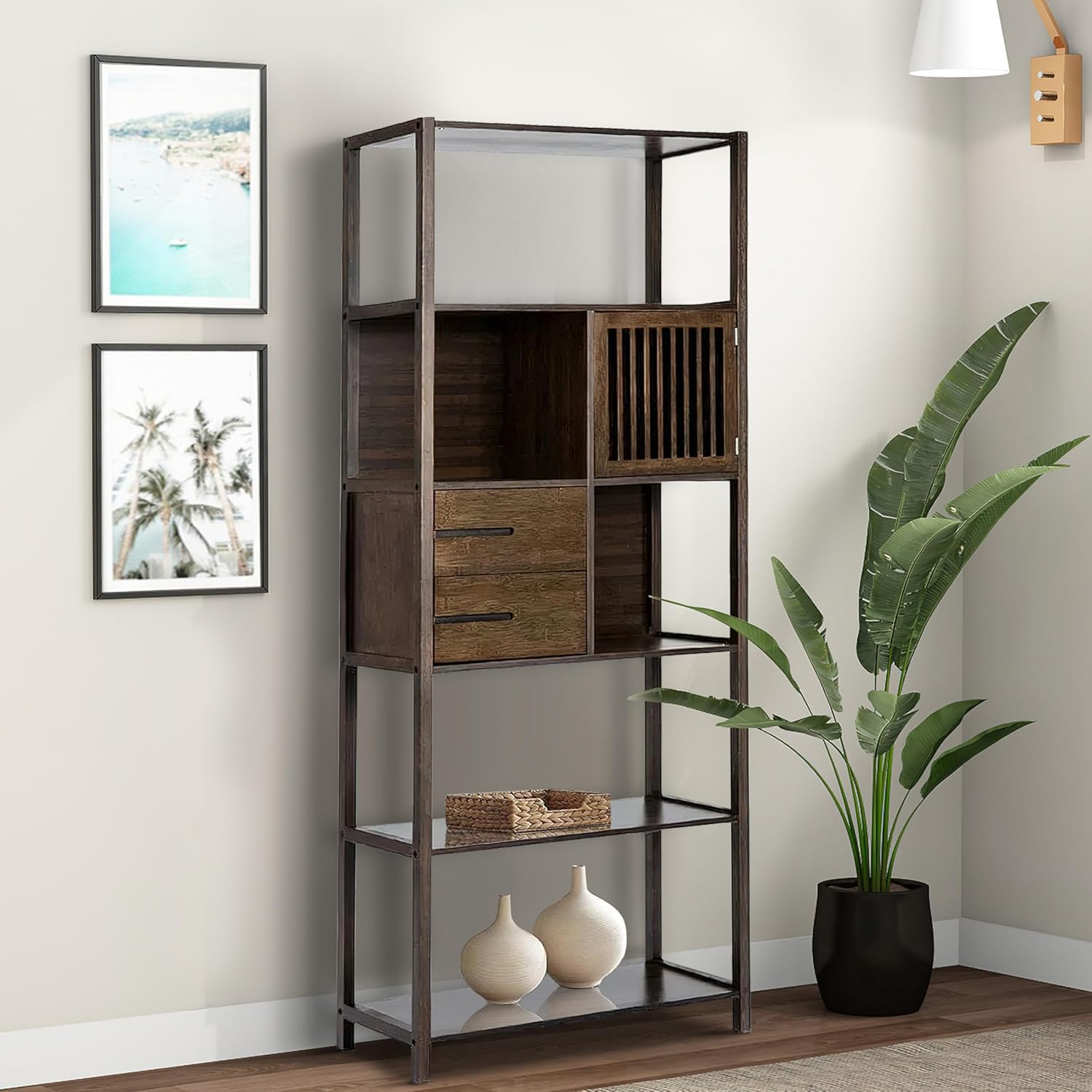 Benjara BM274297 68 in. Axa Bamboo Shelf Bookcase with Cabinet - Right Facing Dark Brown