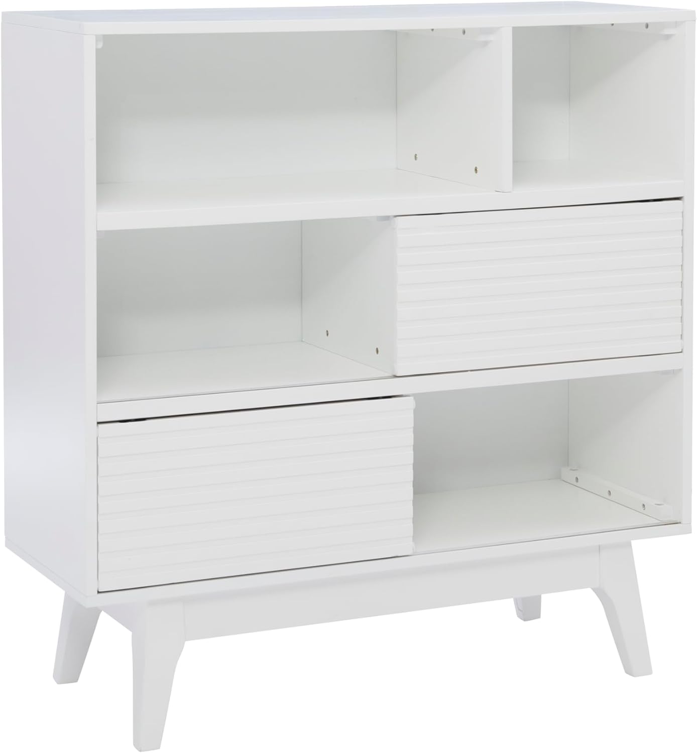 Powell Baylor White Wooden Mid Century Inspired Bookcase with Sliding Panels and Cubbies