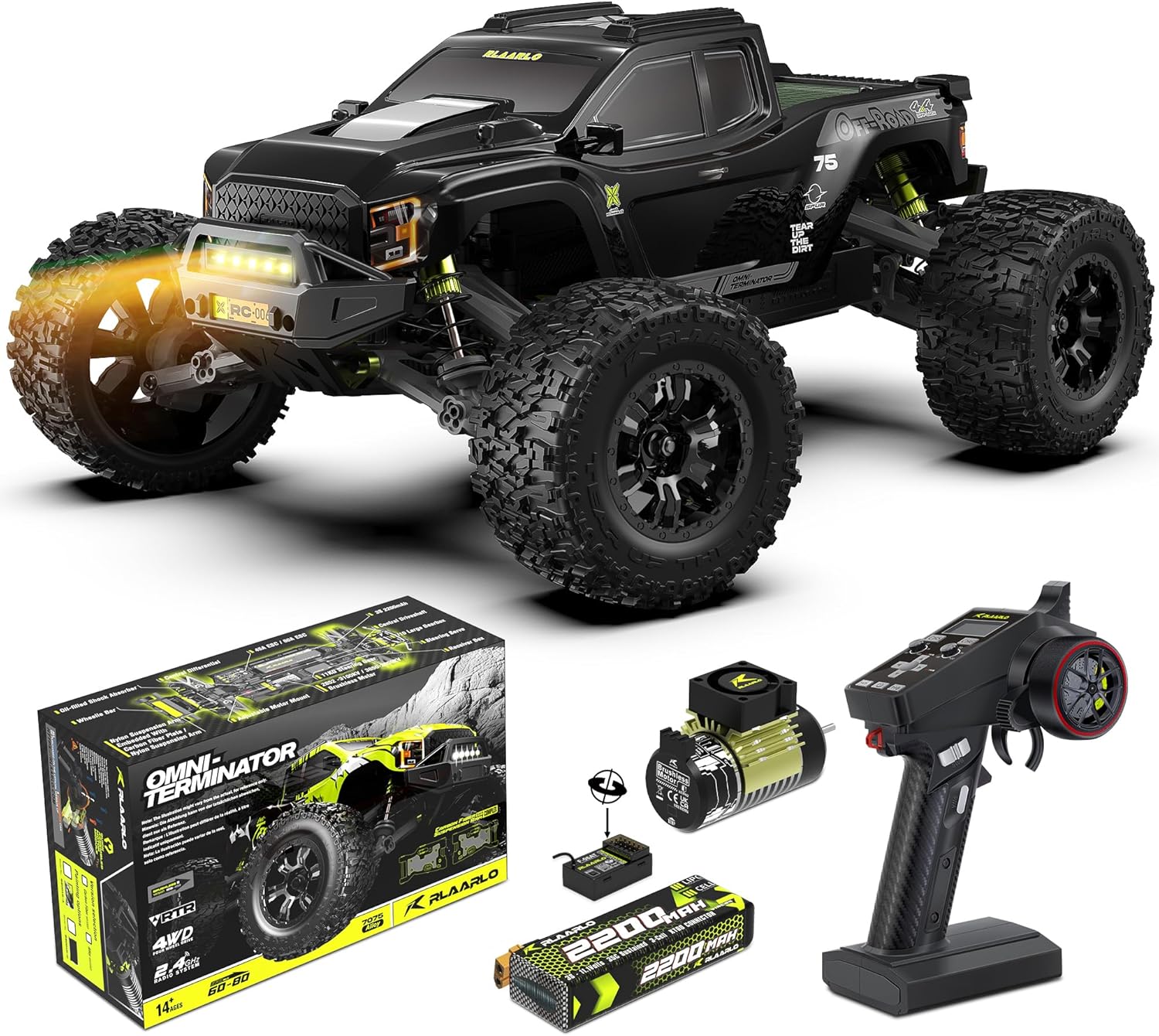 RIAARIO 1/10 Brushless RC Cars, Monster Truck, 50+ MPH, 4WD, Waterproof, Carbon Fiber, Black, Ages 8+