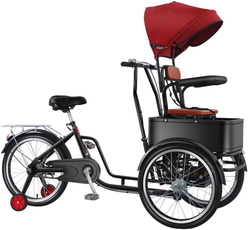 Scooter Tricycle,Tandem Tricycle with Front seat,Passenger seat with Removable Canopy and guardrail,Cargo Trike with Front Cabin,Pedal Trike with Training Wheels (Manned 20 in)