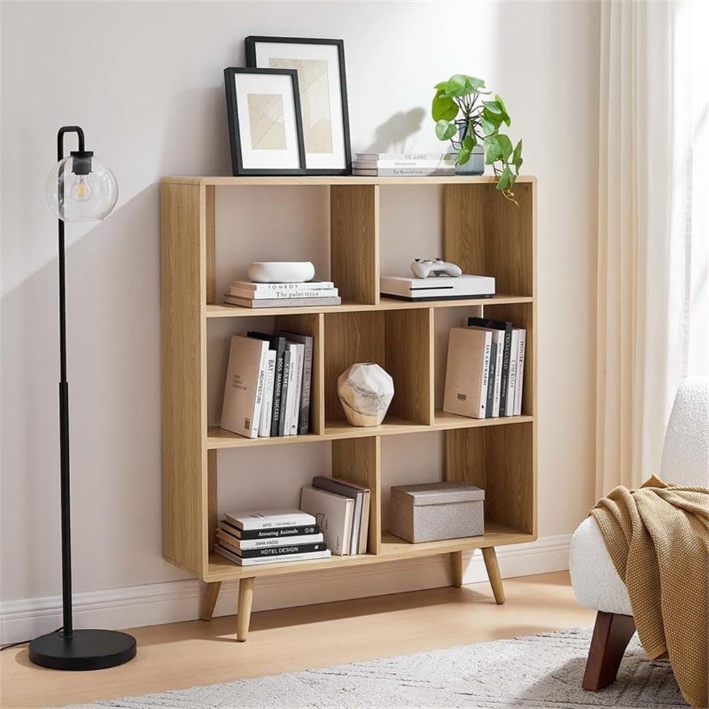 Pemberly Row 7-Shelf Wood Bookcase with Splayed Dowel Legs in Oak