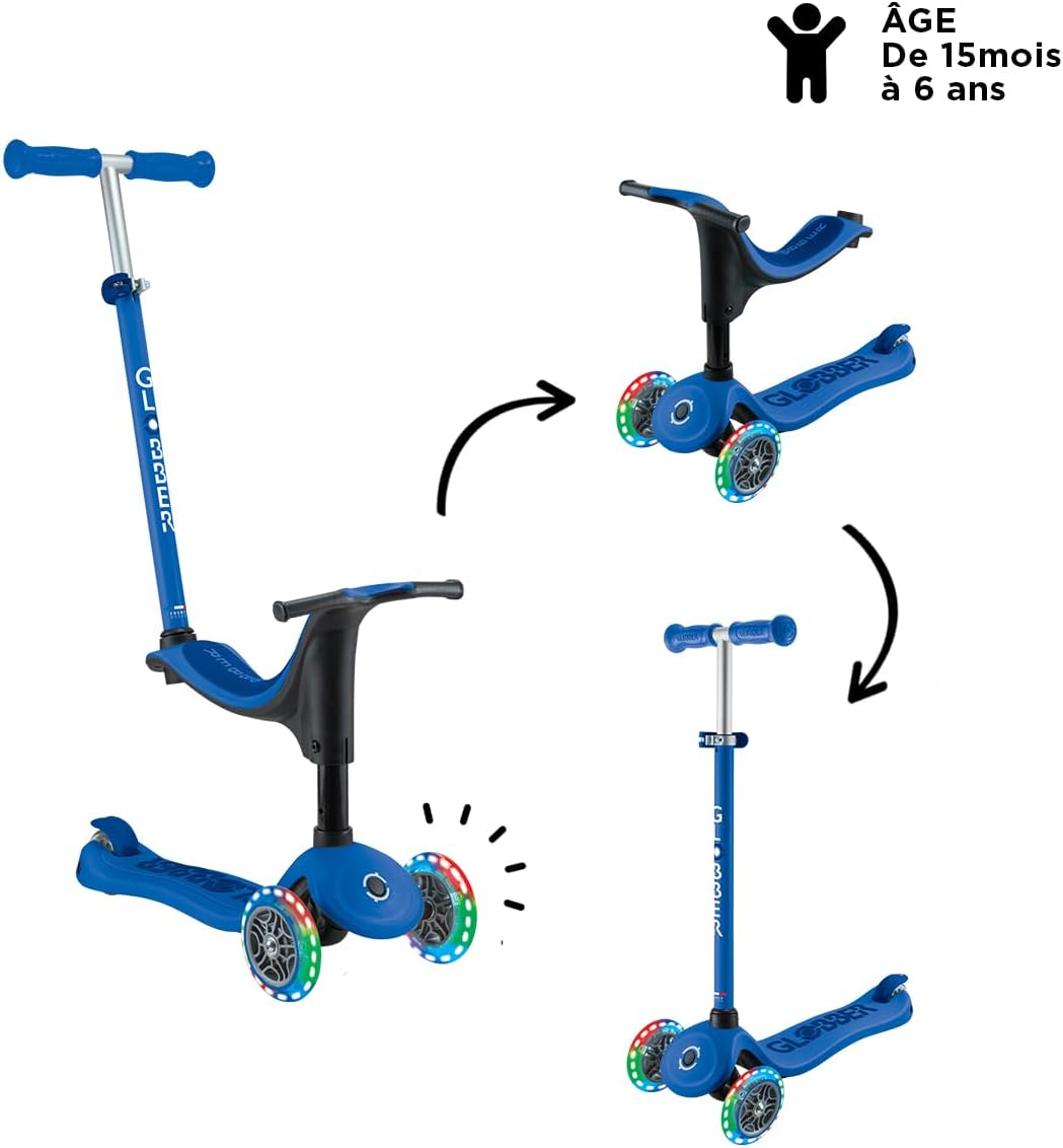 Globber - GO•UP Sporty Lights - 3-Wheel Scooter with Seat, for Children from 15 Months to 6 Years, Dark Blue