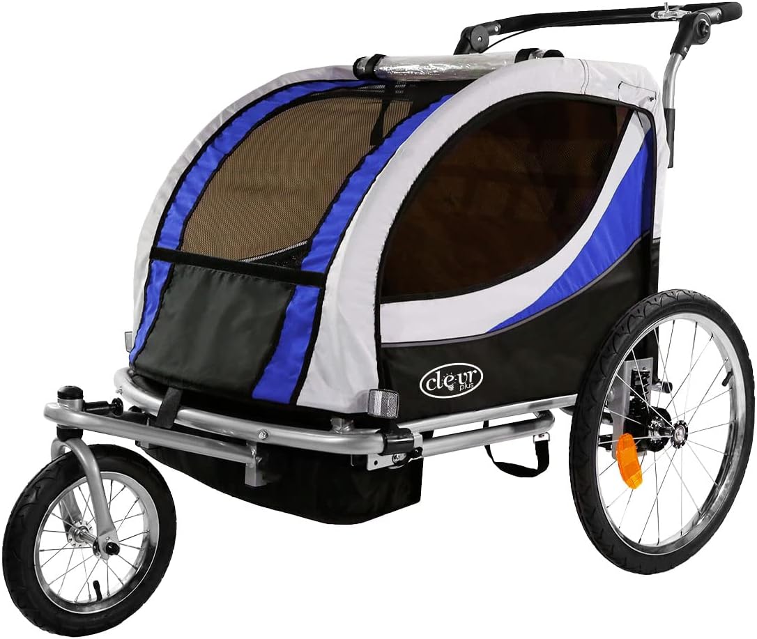 ClevrPlus Deluxe 3-in-1 Double 2 Seat Bicycle Bike Trailer Jogger Stroller for Kids Children | Foldable Collapsible w/Pivot Front Wheel