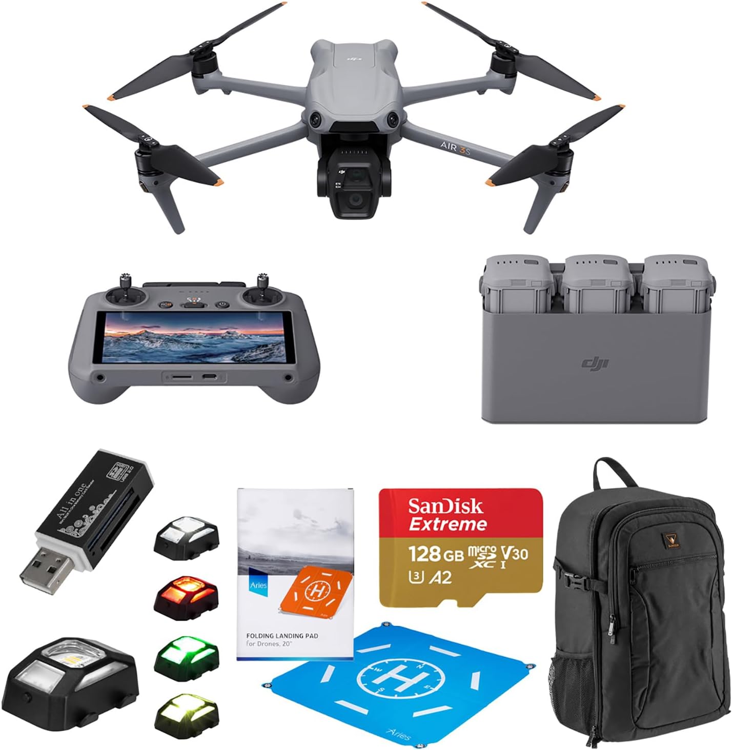 DJI Air 3S Fly More Combo (RC 2 Screen Remote Controller), Drone Wide-Angle & Medium Tele Camera for Adults, Omnidirectional Sensing & 3 Batteries for Extended Flight Time + Accessory Bundle (Fly More Combo (RC 2))