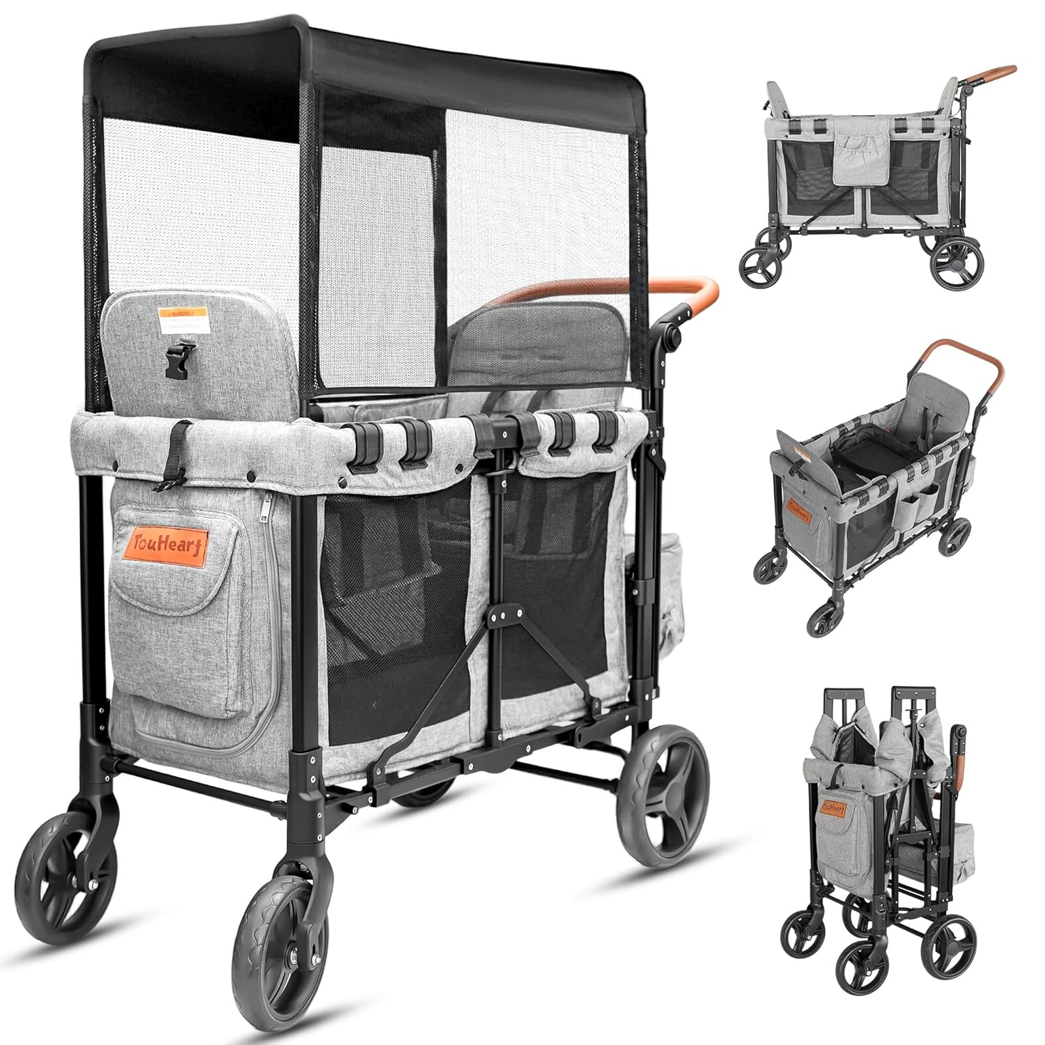 Wagon Stroller for 2 Kids - Double Seater Push Stroller with Canopy | Collapsible Foldable Wagon for Kids Toddlers & Infants with Removable Seat Pads