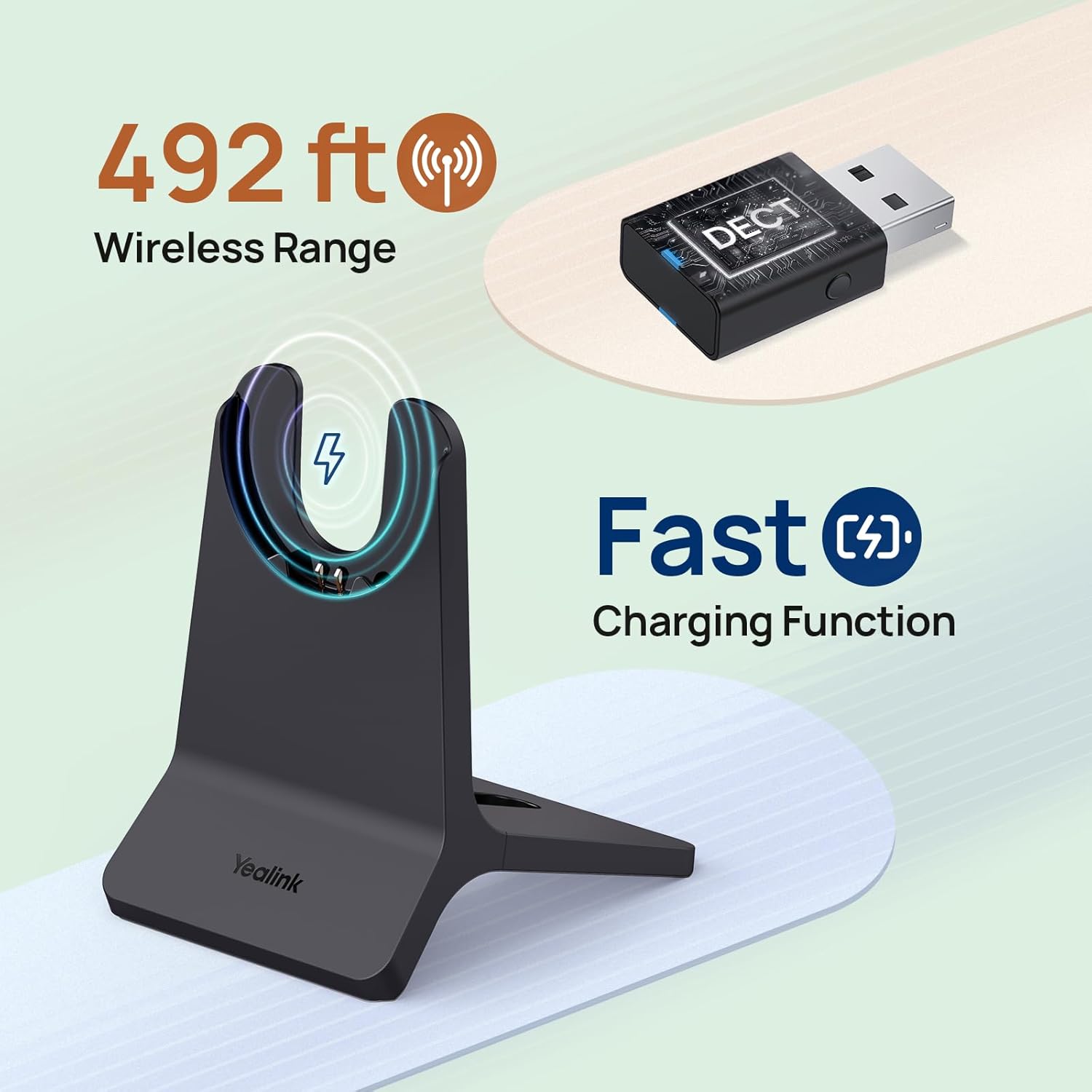 Yealink WH64 Hybrid Mono DECT Dongle/Charging Stand +WH64 Base DECT &Bluetooth Headset 492 ft Range