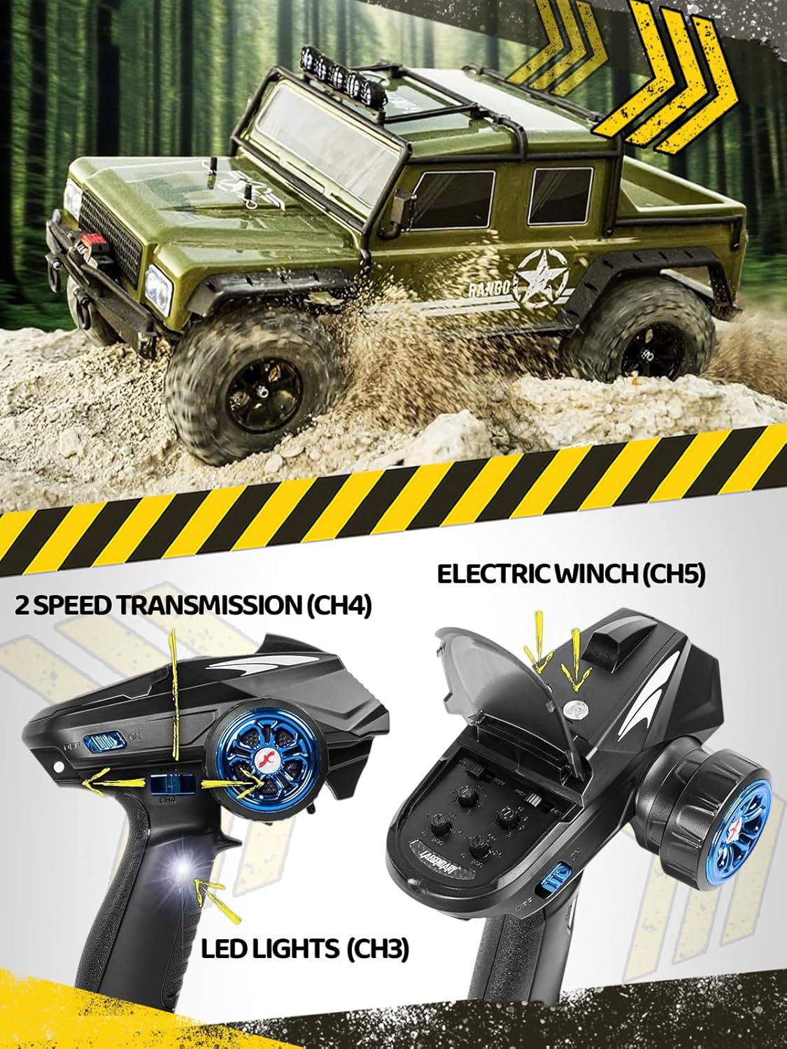 1:8 RC Cars for Adults – 4x4 Remote Control Car, Rugged Brushed Motor Electric Off-Road RC Rock Crawler with 2-Speed Transmission, Army Green All-Terrain RC Trucks, Ready-to-Run RTR Set