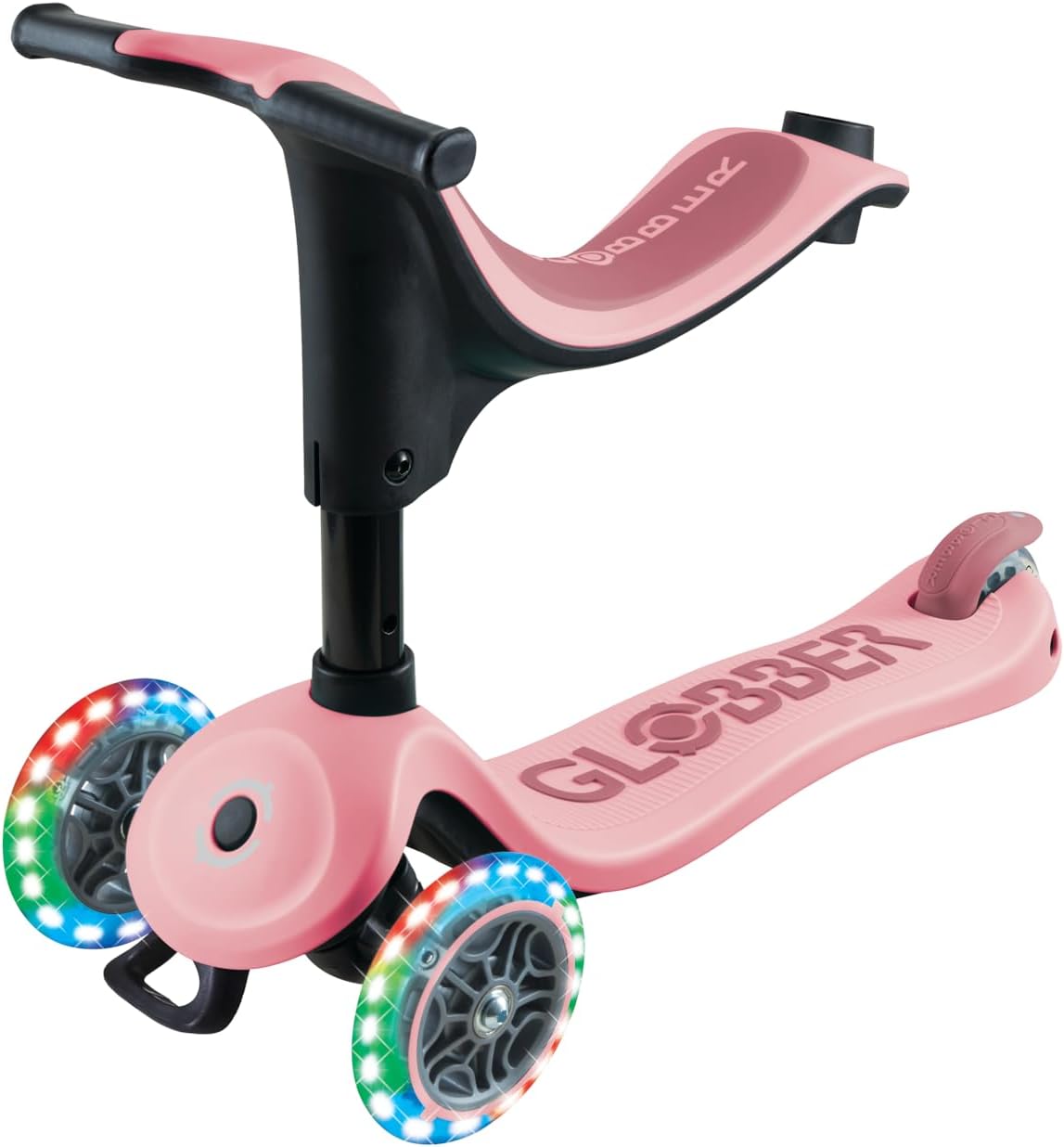 Globber GO•UP Sporty Lights – Scalable Scooter with 3 Wheels with Seat – Children from 15 Months – Pastel Pink