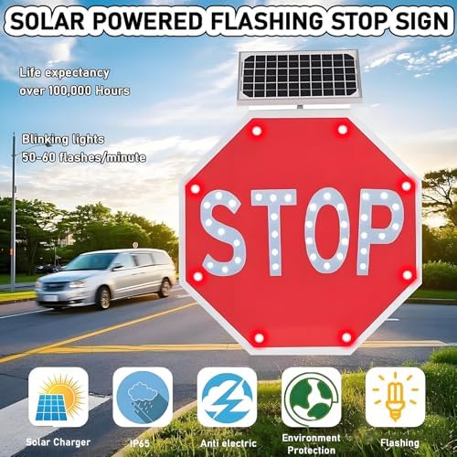 60cm Solar-Powered LED Blinking Traffic Sign, Reflective & Heavy-Duty Stop Sign for Highways, Schools & Construction Sites - Easy Install, Windproof Safety Solution