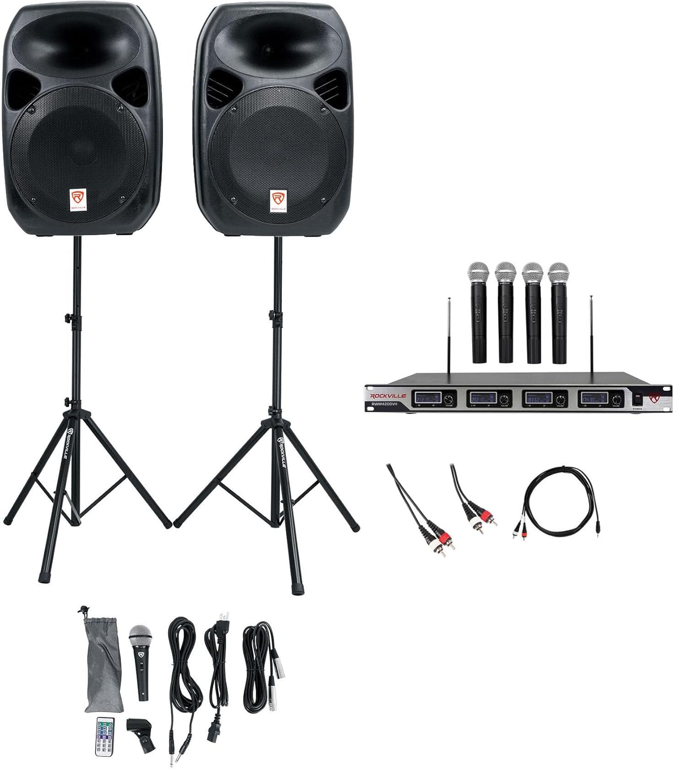Rockville RPG122K Bundle: (2) 12 in 1000-Watt Peak/250-Watt RMS Powered Bluetooth PA Speakers, (4) Wireless Handheld Mics, RCA & TRS Cables, YouTube Karaoke System for TV, Laptop or iPad, 4-Items