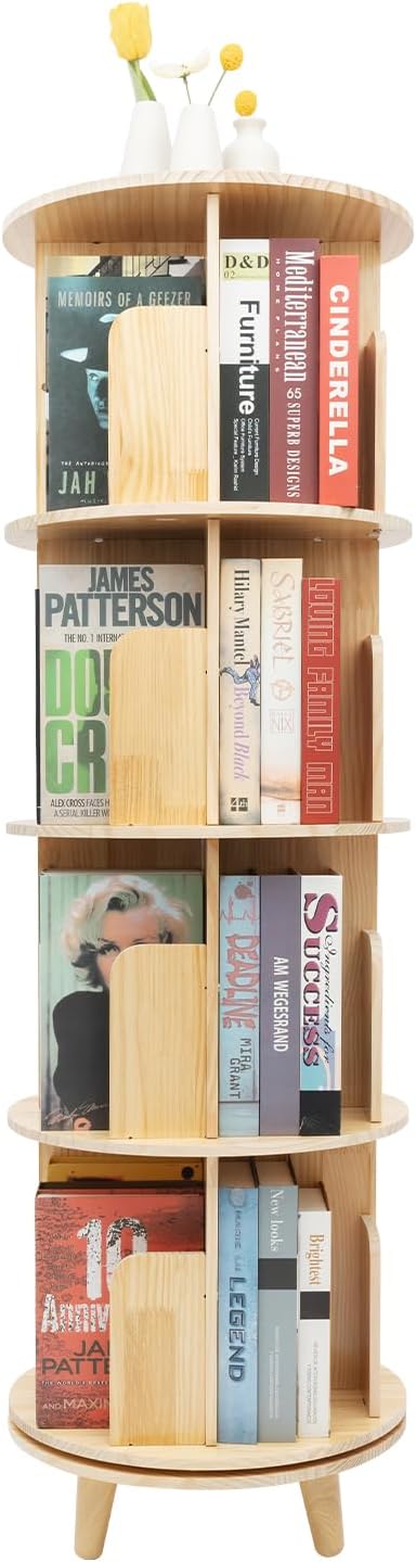 Seoqudcty Rotating Bookshelf, 360° Display 4 Tier Floor Standing Bookcase, Storage Rack for Kids&Adult, Multi-Functional Bookshelf Organizer for Bedroom, Study Room and Living Room