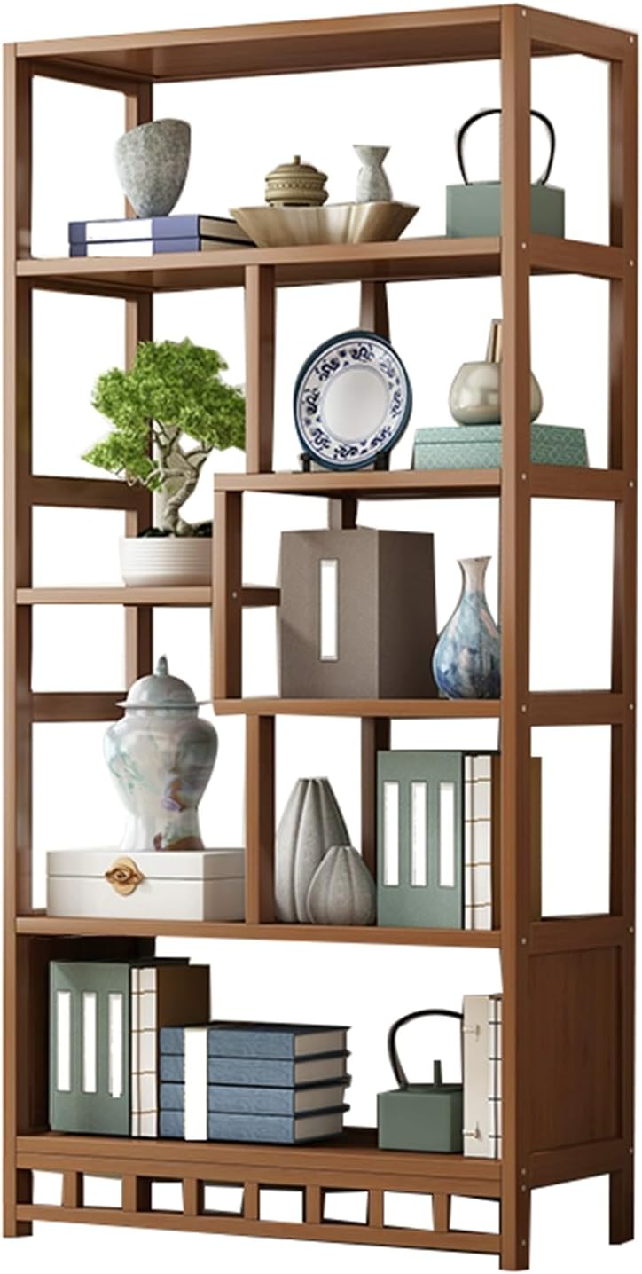 Multiple-Layer Open Display Shelf, Bamboo Partition Wine&Tea Rack with Compartments ， Large Bearing Decorative Book Storage Shelf for Living Room, Entrance (The Basic Version)