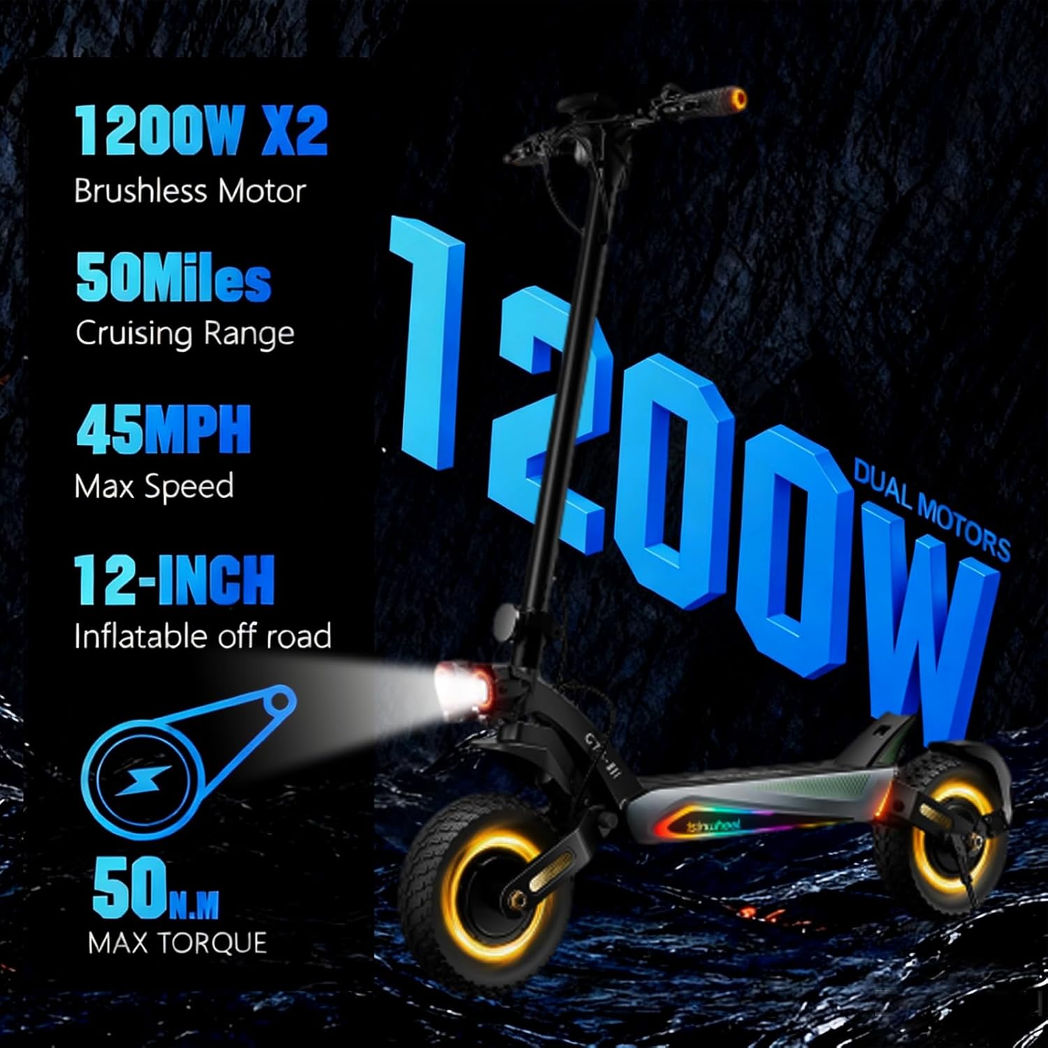 isinwheel GT4 Electric Scooter,2400W Dual Motor, 50 Miles Range,Up to 45MPH Folding E Scooter for Adults, 12'' Off Road Tires,330 lbs Load,Off Road Electric Scooter for Adult with Dual Suspension,APP