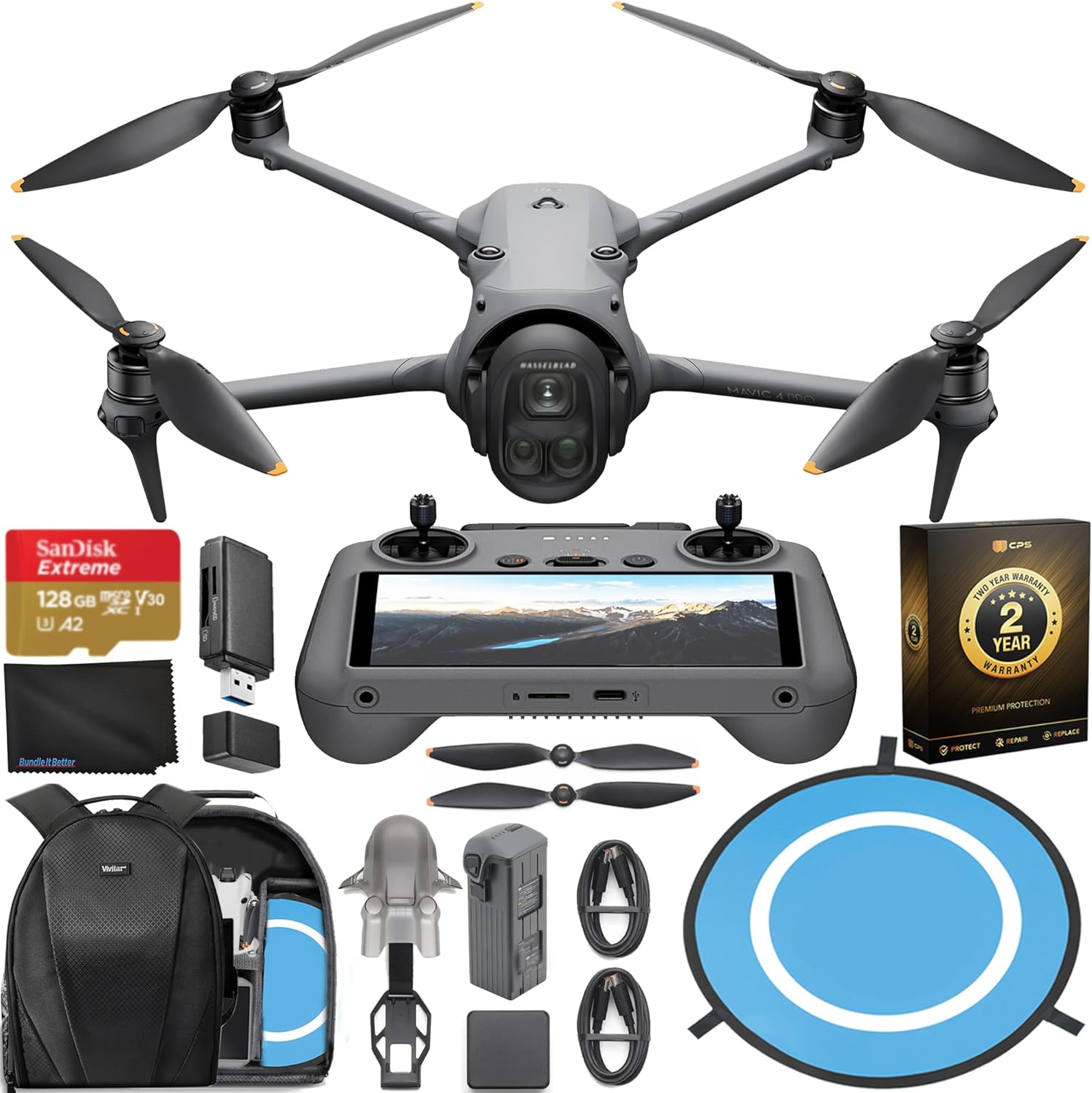 DJI Mavic 4 Pro Drone 6K60 HDR, 100MP, 51-Min Max Flight Time, 18.6-Mile Range, ActiveTrack 360 Subject/Vehicle Tracking, Omnidirectional Avoidance Bundle with 128GB Memory, 2 Year CPS Warranty, Backpack, Bundle It Better Lens Cloth + More