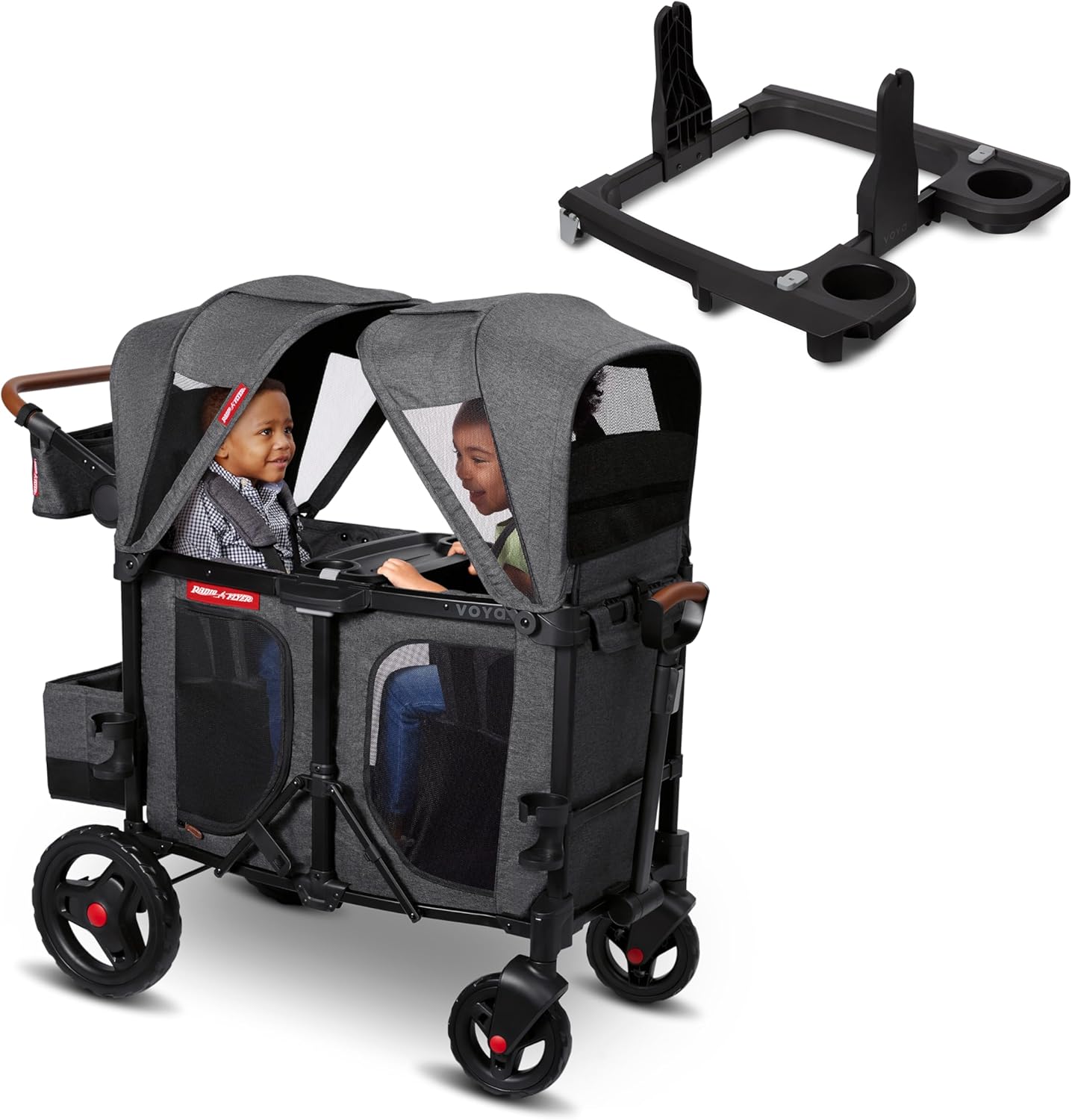 Radio Flyer Voya XT Stroller Wagon and Graco Car Seat Adapter Bundle, 2-Seater Collapsible Wagon with Tall Sides and Adjustable Canopies, Gray