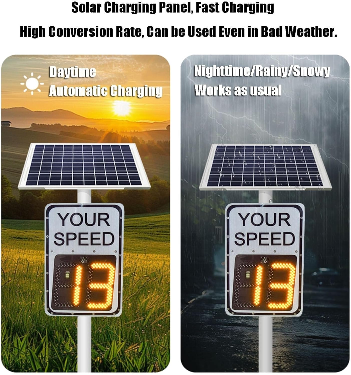 Flashing Solar-Powered Speed Limit Sign, Speed Display Radar Traffic Sign with Accessories, Road Sign for Tracking Speed and Warning, Adjustable for kilometers and Miles(60 * 90cm)