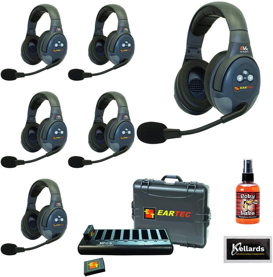EARTEC Evade EVX6D Full-Duplex Wireless Intercom System with 6 Dual-Ear Headsets (2.4 GHz) with Goby Labs Spray for Mics/Headphones and Kellards Screening Cleaning Wipes (5-Pack)