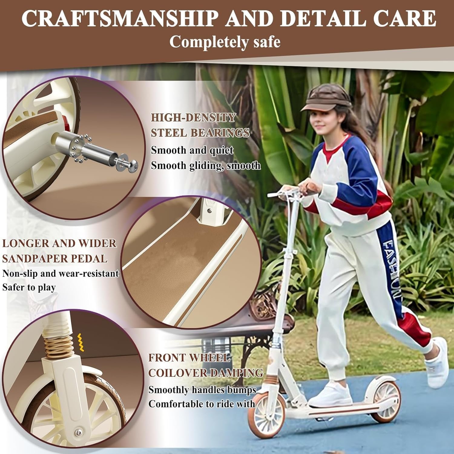 Scooter 8IN Solid Tires Big Wheels for Kids,3 Handle Height Adjustable Levels,with Double Braking System,Foldable Scooter for Ages 6+,Kid,Teens & Adults White