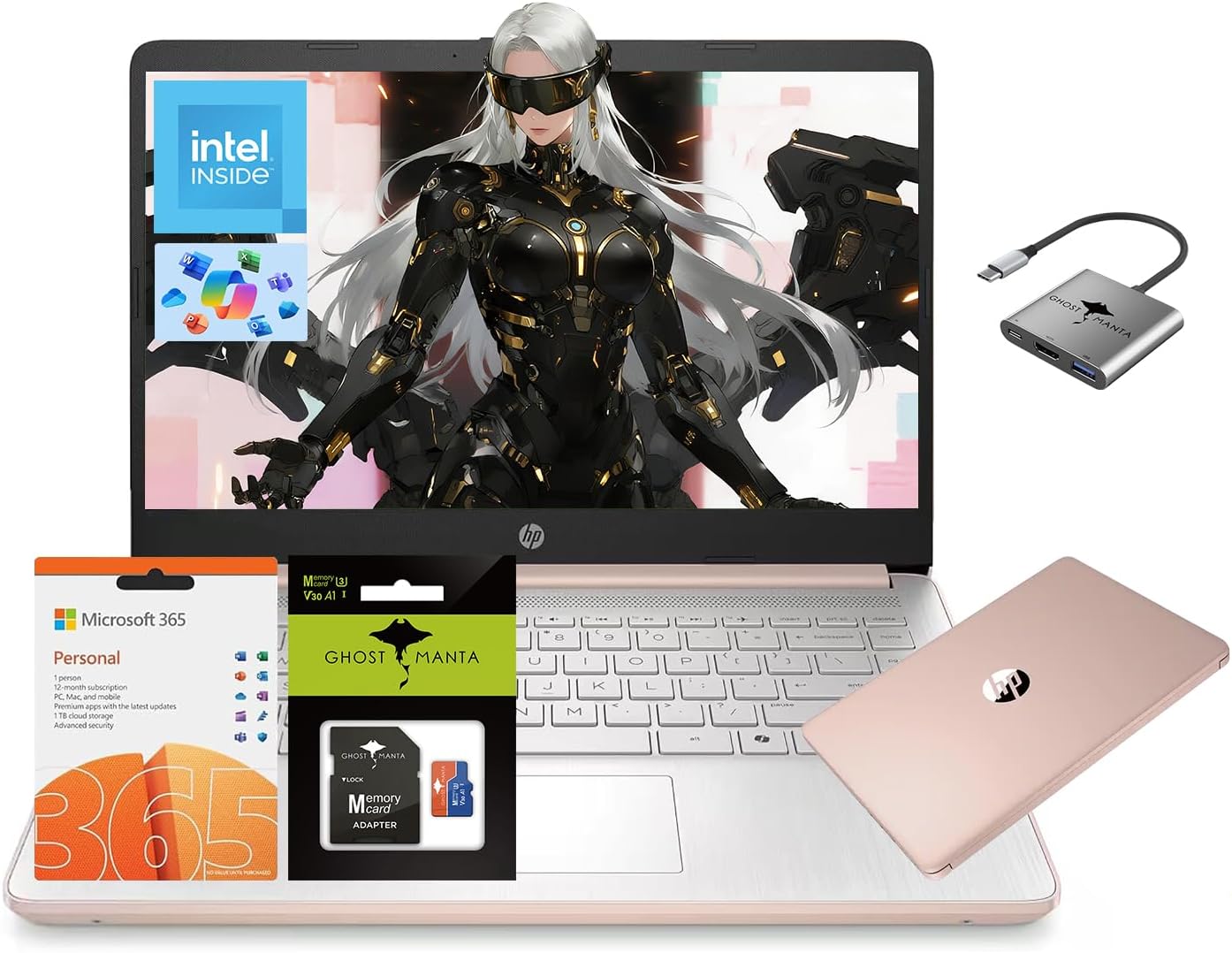 HP 14 Laptop Computer, Quad-Core (Beat i3-1115G4), 16GB RAM 256GB Storage (128GB UFS+128GB Ghost Manta SD Cardd), Laptops for Study Student 1-Year Office 365 Copilot AI WiFi 6 Win11 w/GM Accessories