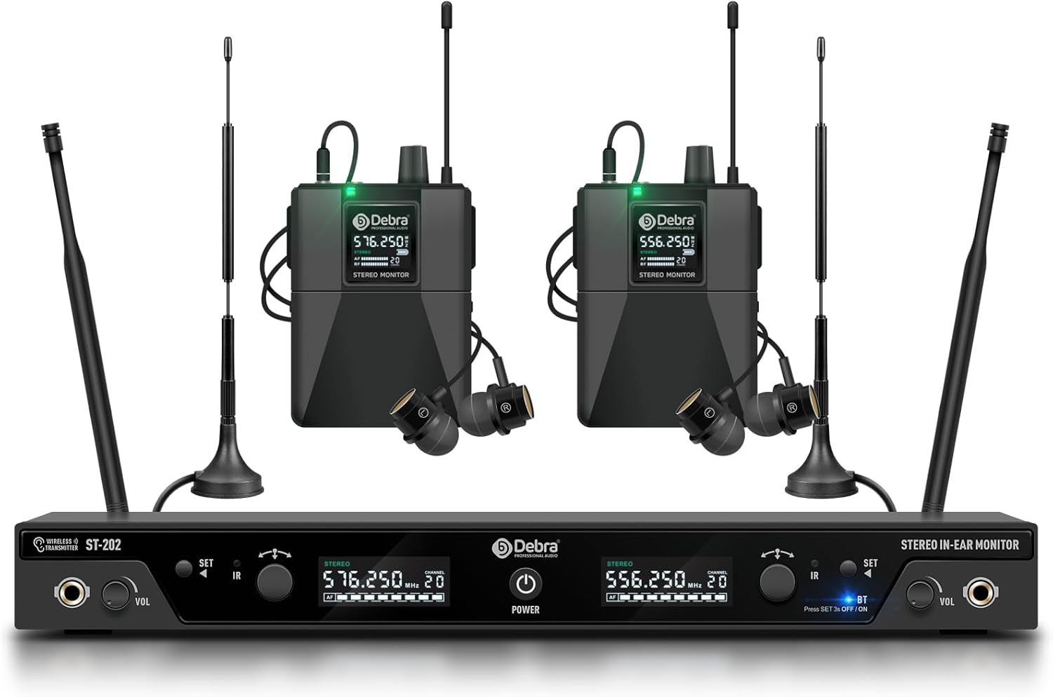 D Debra Audio PRO ST-202 UHF Stereo Wireless in Ear Monitor System, Dual Channel Wireless IEM with Monitoring Type for Stage, Receiver for Studio, Guitar, Band Performance (Dual Channel, 2 Bodypack)