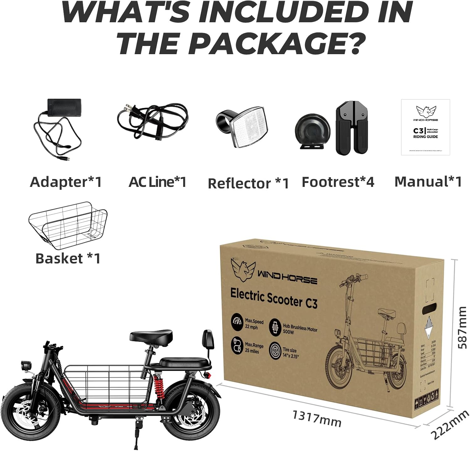 WINDHORSE 850W Peak Electric Scooter with Seat, 20MPH & 25 Miles Range, Dual Suspension, 3 Gear Speed, Cruise Control, 14