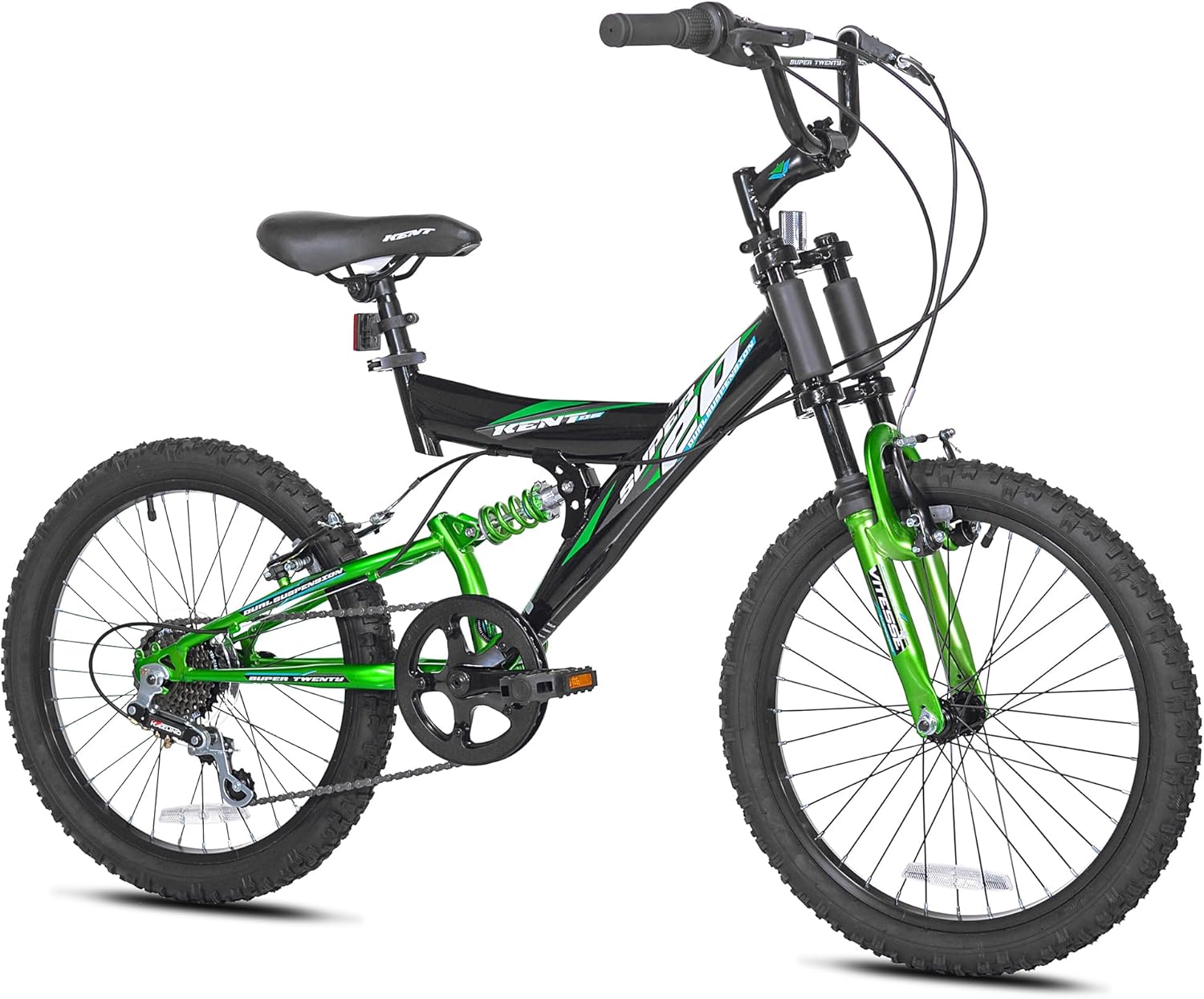 Kent International 20 Inch Super 20 - Black - Cool and Sporty Kid’s Mountain Bike with 20 Inch MTB Knobby Tires - Growth Friendly Kid’s Bikes with Dual Suspension - Great on Dirt and Pavement