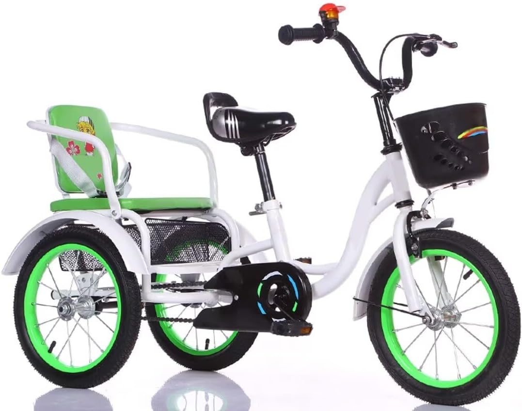 Twins Tandem Tricycle for Aged 3-12 Years Old,Outdoor Trike with Pneumatic tire Spoke Wheel,Large Pedals Rickshaw Tricycle in 14inch/16inch/18inch