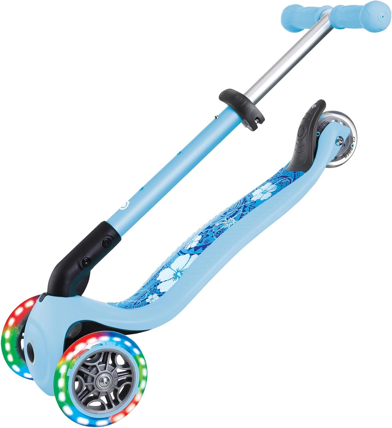 GLOBBER Junior Foldable Fantasy Lights – 120/80 mm ABEC 5 Scooter with 3 Wheels, LED Wheels, Pastel Blue