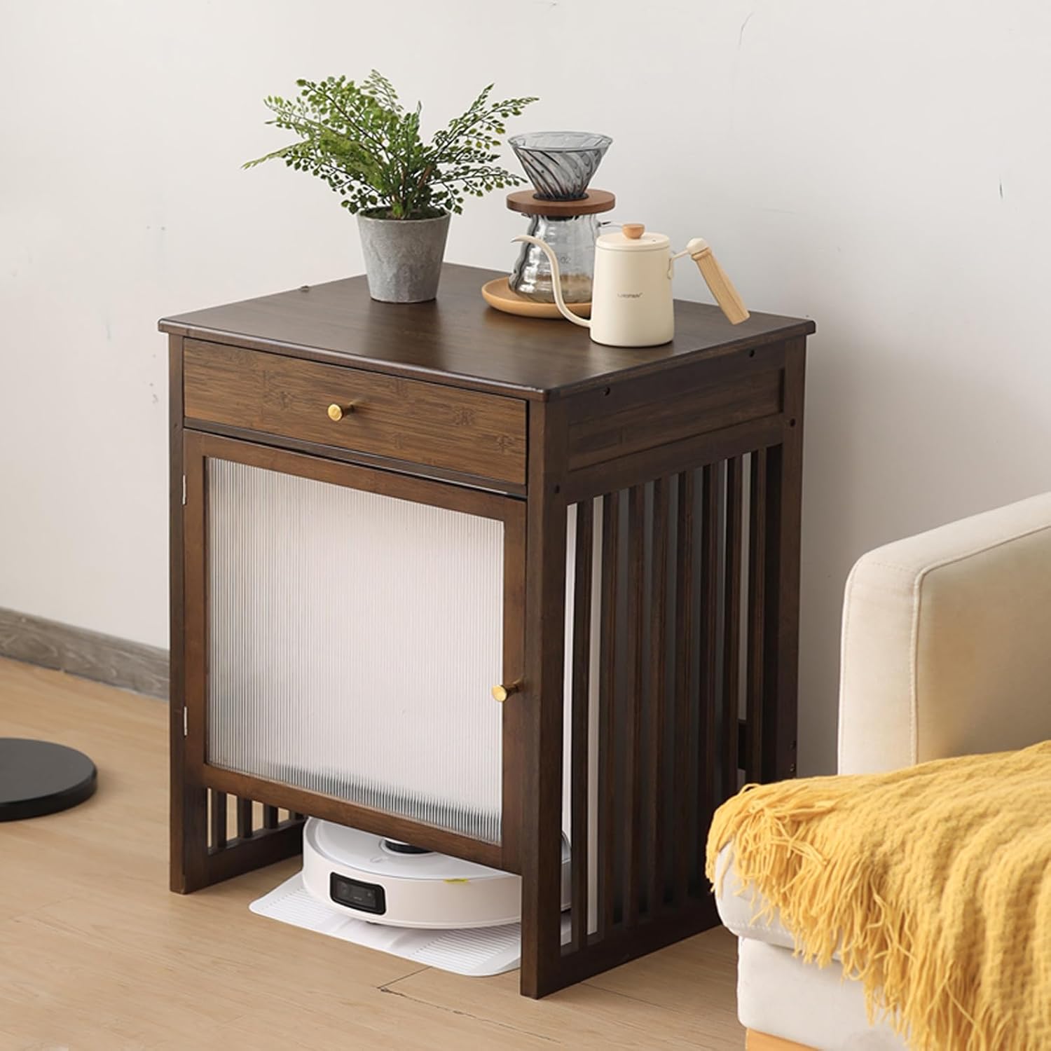 Bamboo Robot Vacuum Stand Cabinet - Modern Hidden Storage Rack & Smart Floor Sweeper Side Table for Living Room, Home Office & Kitchen (Dark Brown, 21.8 in)