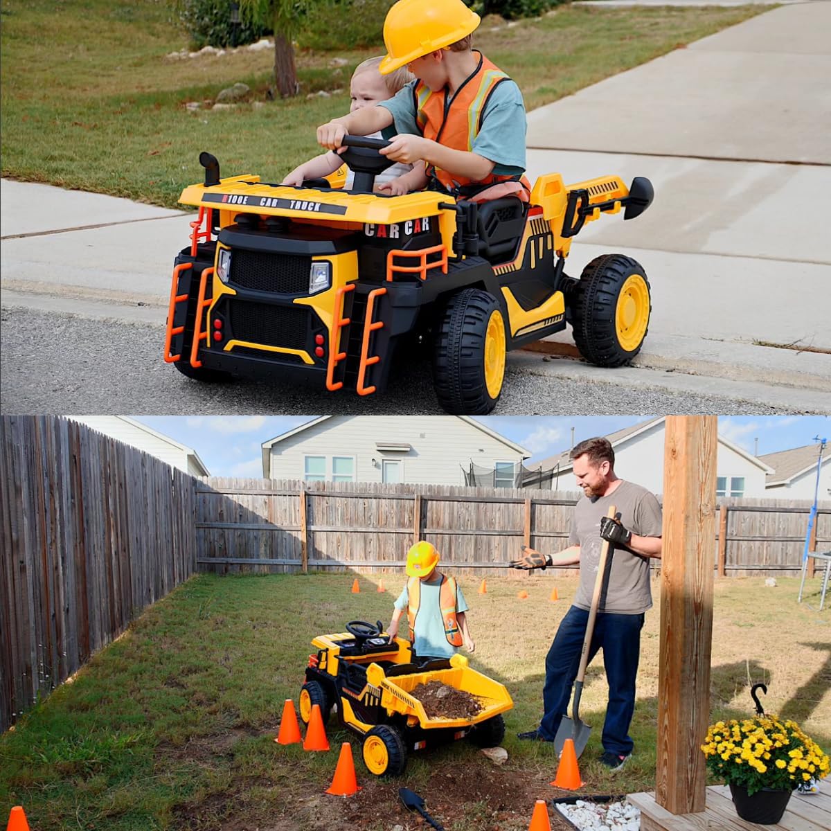 JOYRACER 24V 2 Seater Ride on Dump Truck w/400W Motors, Kids Electric Truck w/20'' Two Seater Ride on Construction Vehicle w/Dump Bed and Shovel, 4.9MPH Max, Power Car Wheelers for Kids, Yellow