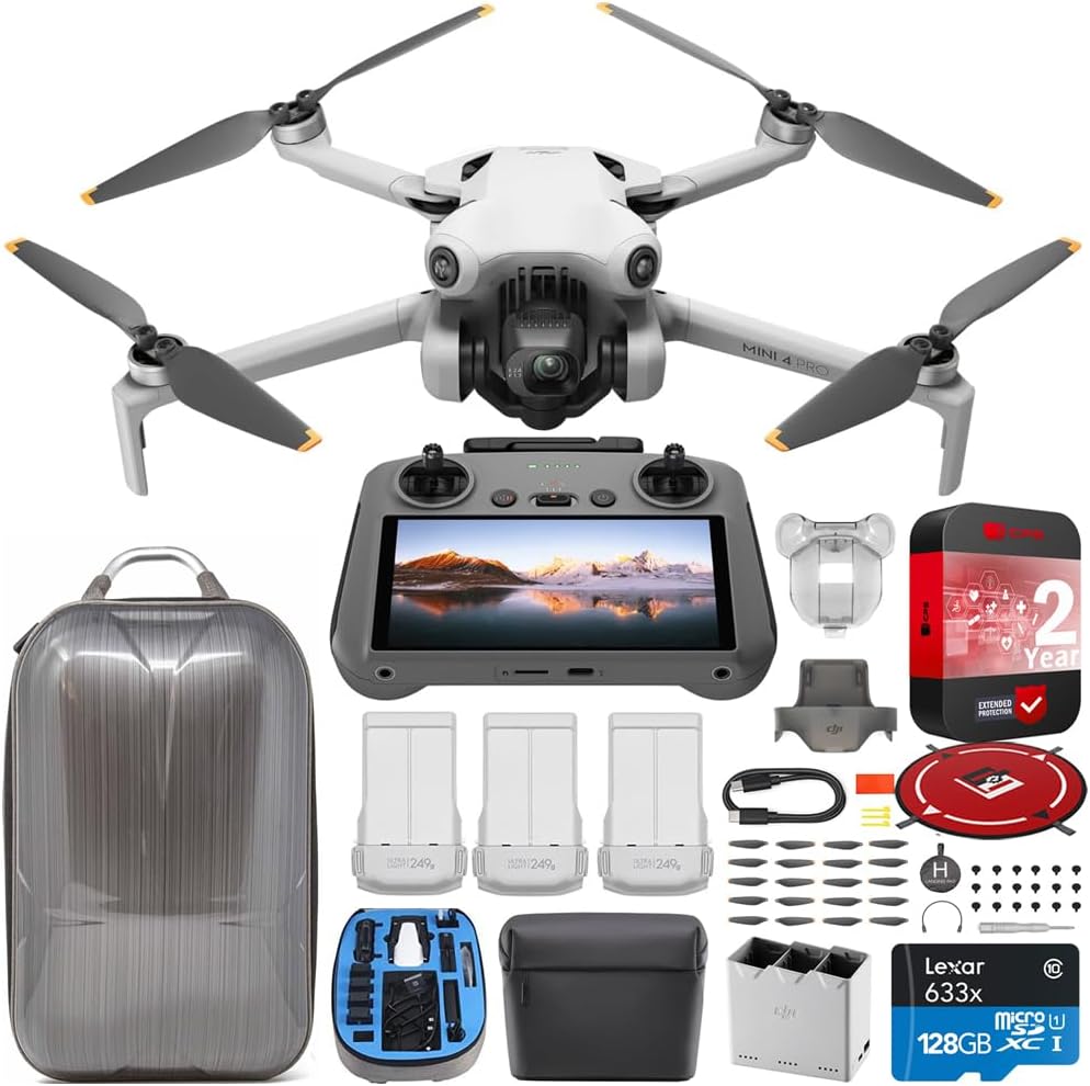 DJI Mini 4 Pro Folding Drone with RC 2 Remote (w/Screen) Fly More Combo Plus, 4K HDR Video Camera, Under 249g,Omnidirectional Sensing, 3 Plus Battery Bundle with Deco Gear Hard Case & Accessories
