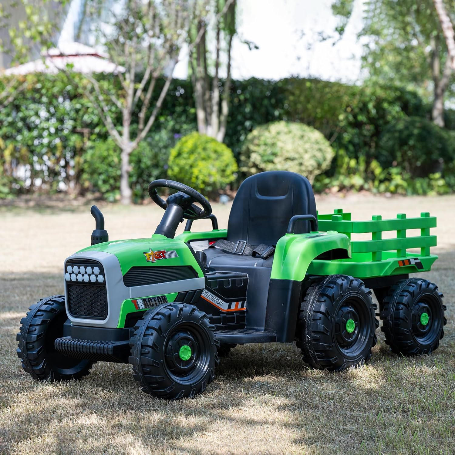 24V Battery Powered Tractor with Trailer, 6-Wheel Electric Farm Toy for Kids, Dual 200W Motors, Remote Control, Bluetooth Music, LED Headlights, Soft Start, Green